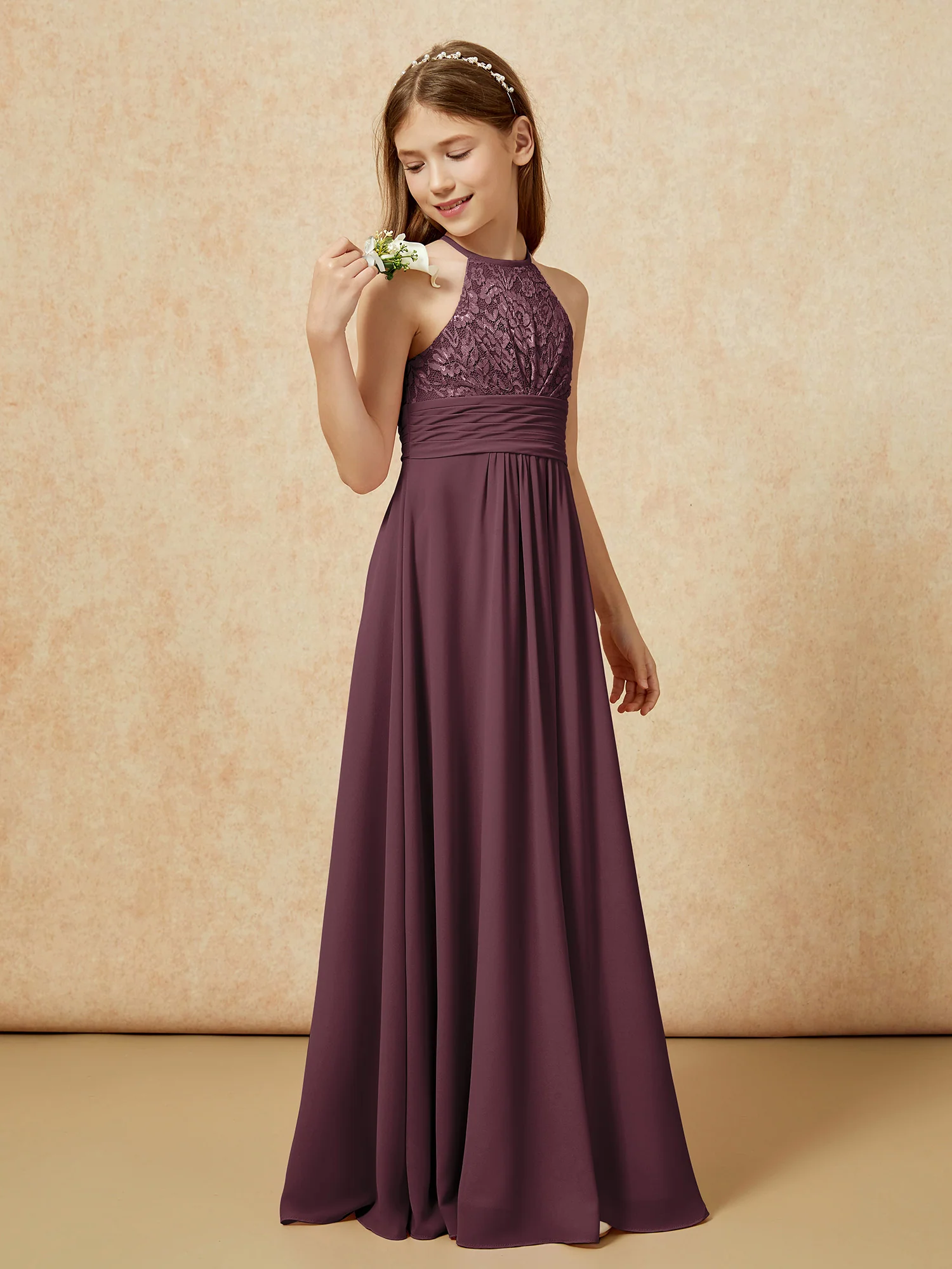 Halter Neck Lace Top Chiffon Junior Bridesmaid Dress Cabernet - Image 3