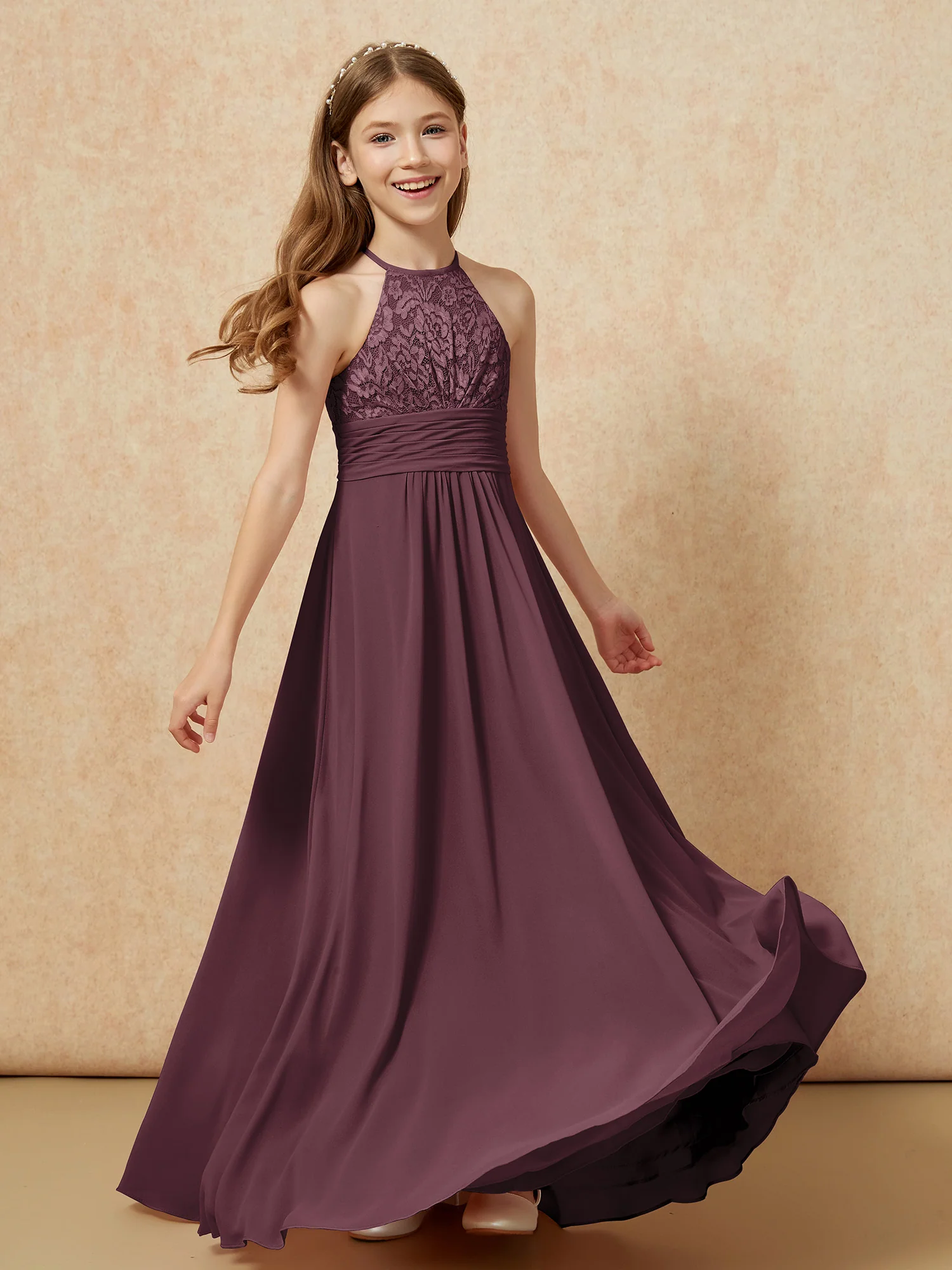 Halter Neck Lace Top Chiffon Junior Bridesmaid Dress Cabernet - Image 4