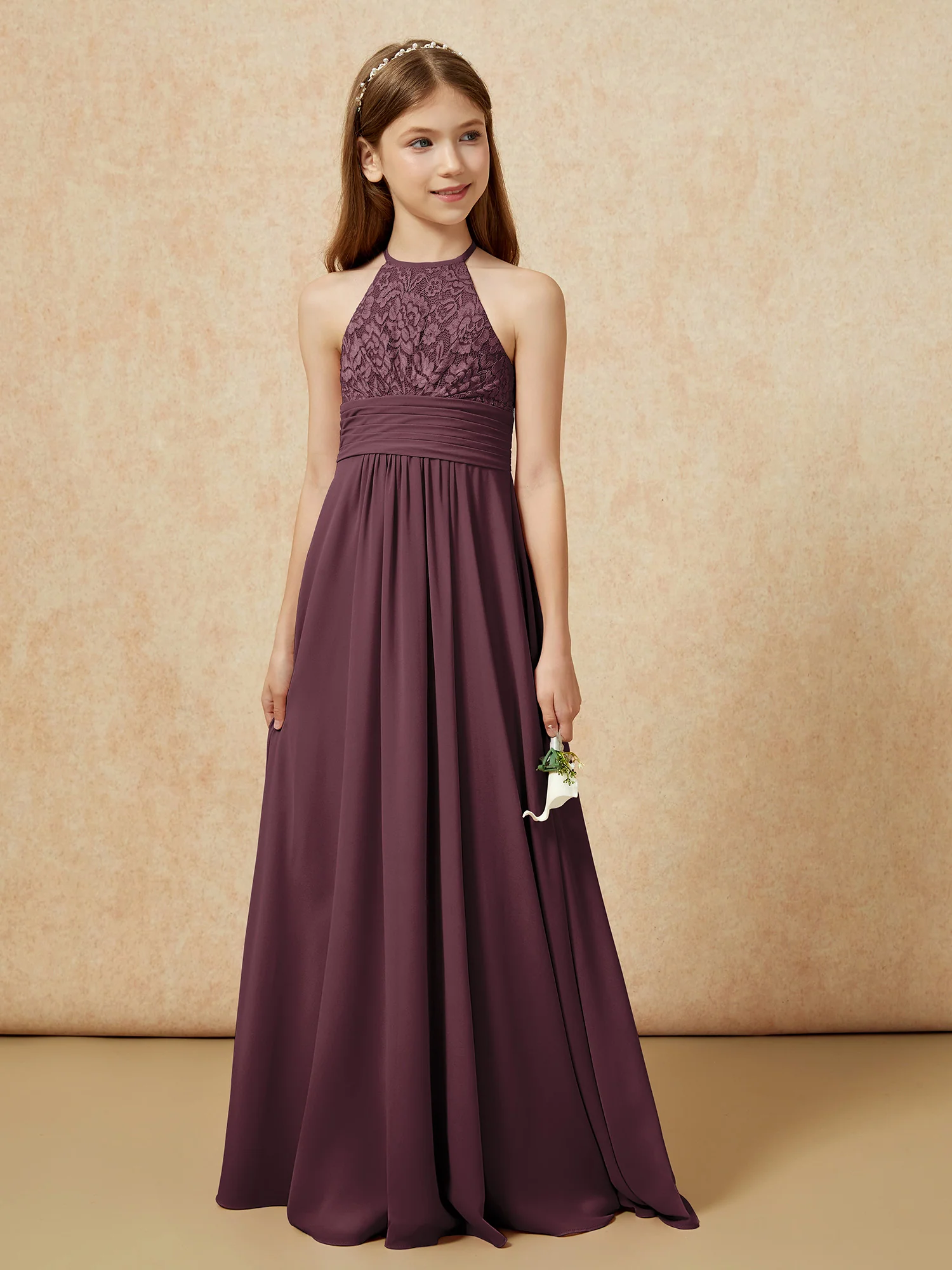 Halter Neck Lace Top Chiffon Junior Bridesmaid Dress Cabernet - Image 5