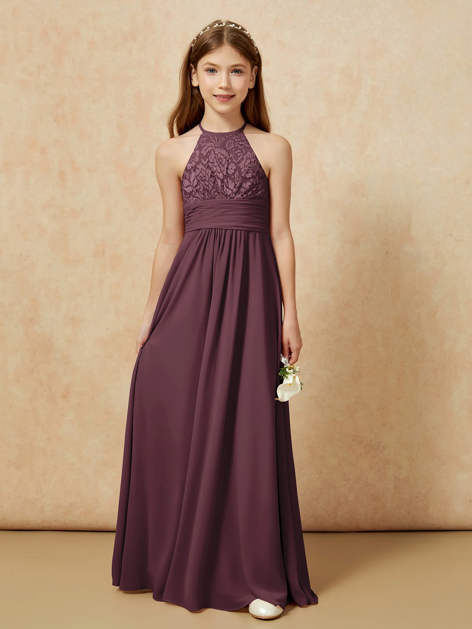 Halter Neck Lace Top Chiffon Junior Bridesmaid Dress Cabernet - Image 7