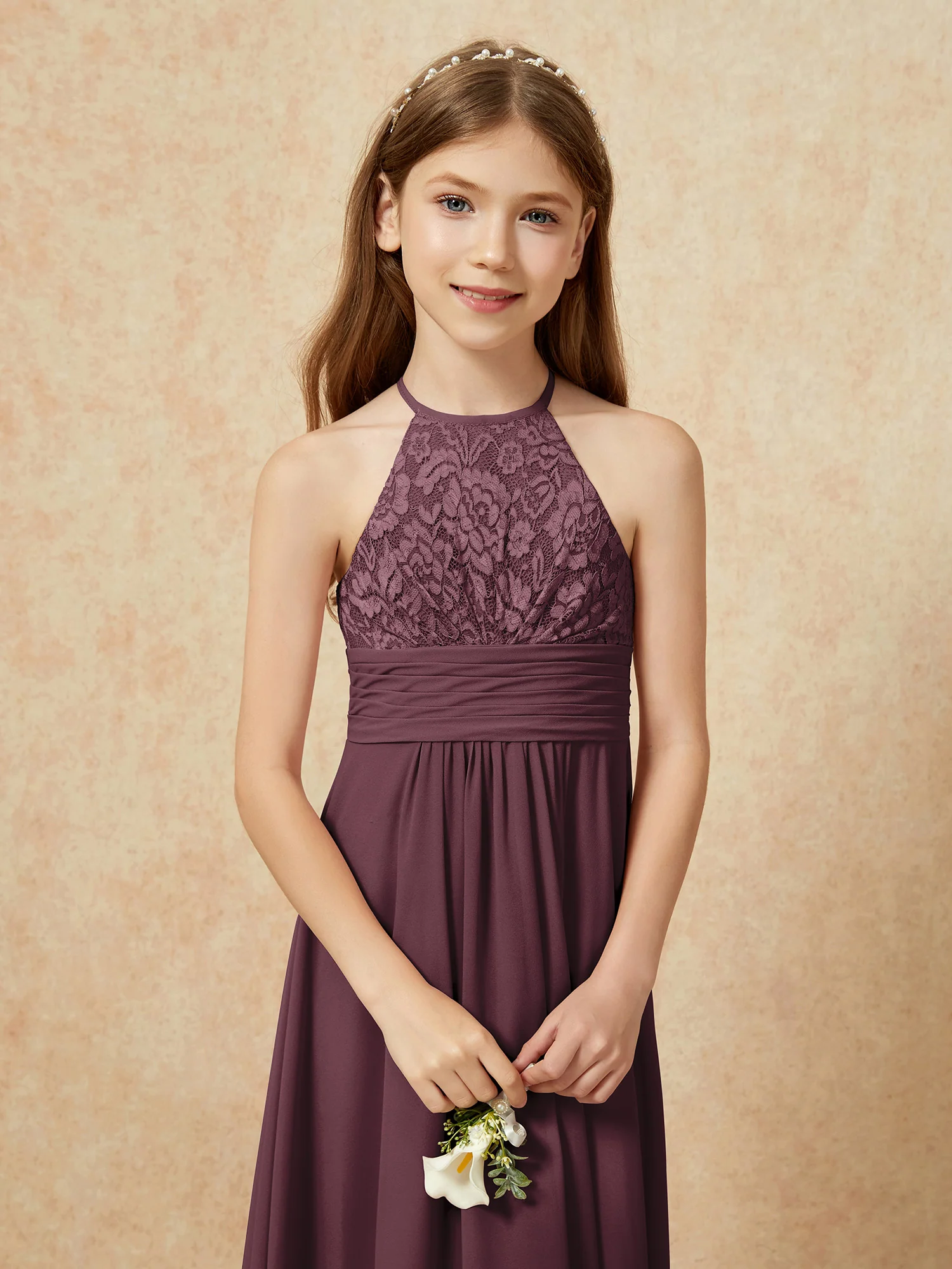Halter Neck Lace Top Chiffon Junior Bridesmaid Dress Cabernet - Image 8