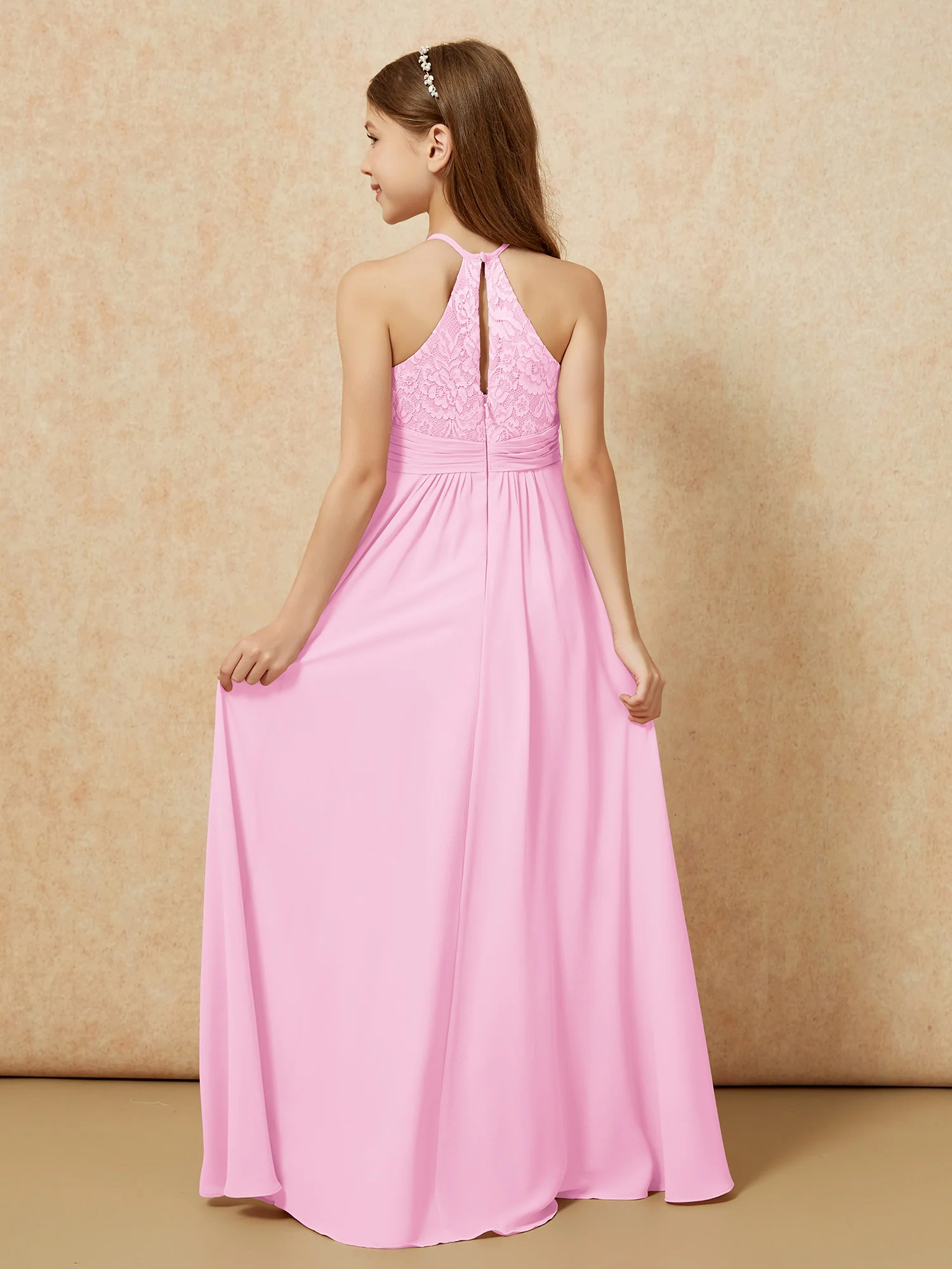 Halter Neck Lace Top Chiffon Junior Bridesmaid Dress Candy Pink - Image 2