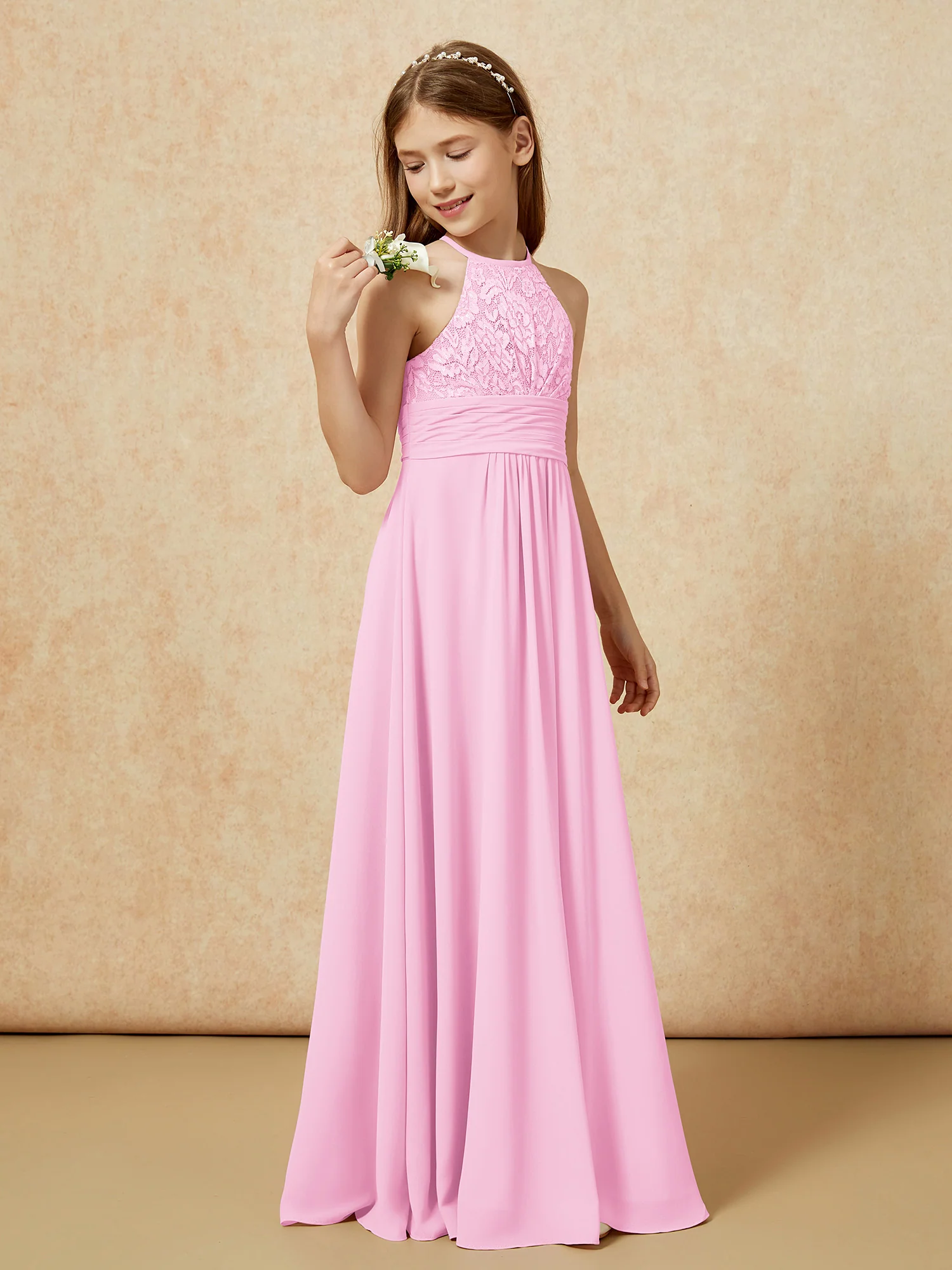 Halter Neck Lace Top Chiffon Junior Bridesmaid Dress Candy Pink - Image 3