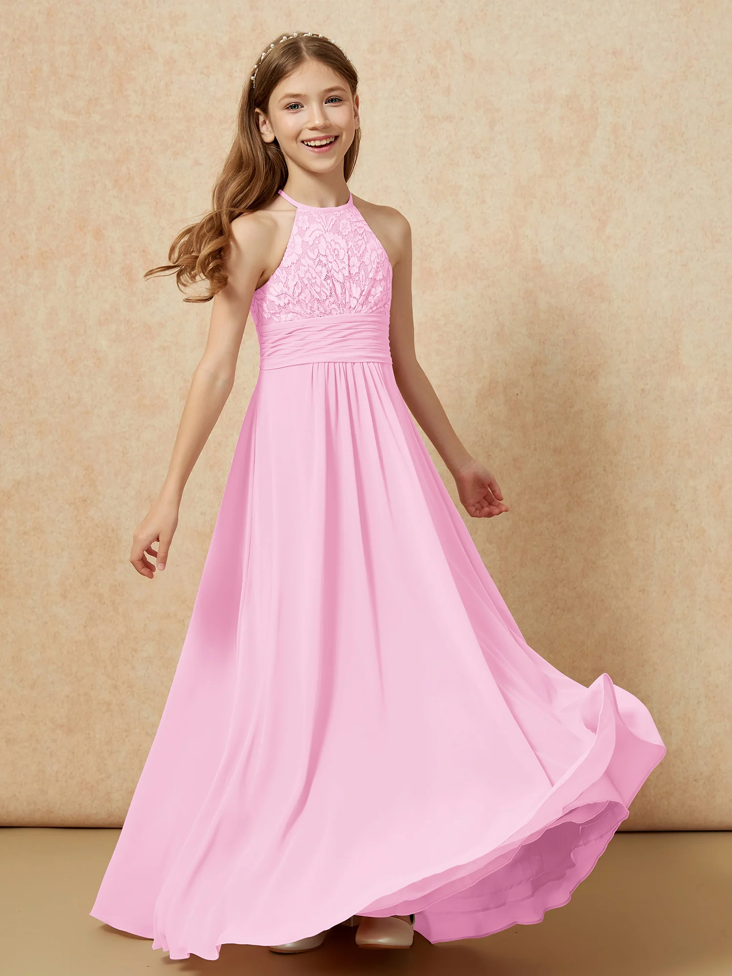 Halter Neck Lace Top Chiffon Junior Bridesmaid Dress Candy Pink - Image 4