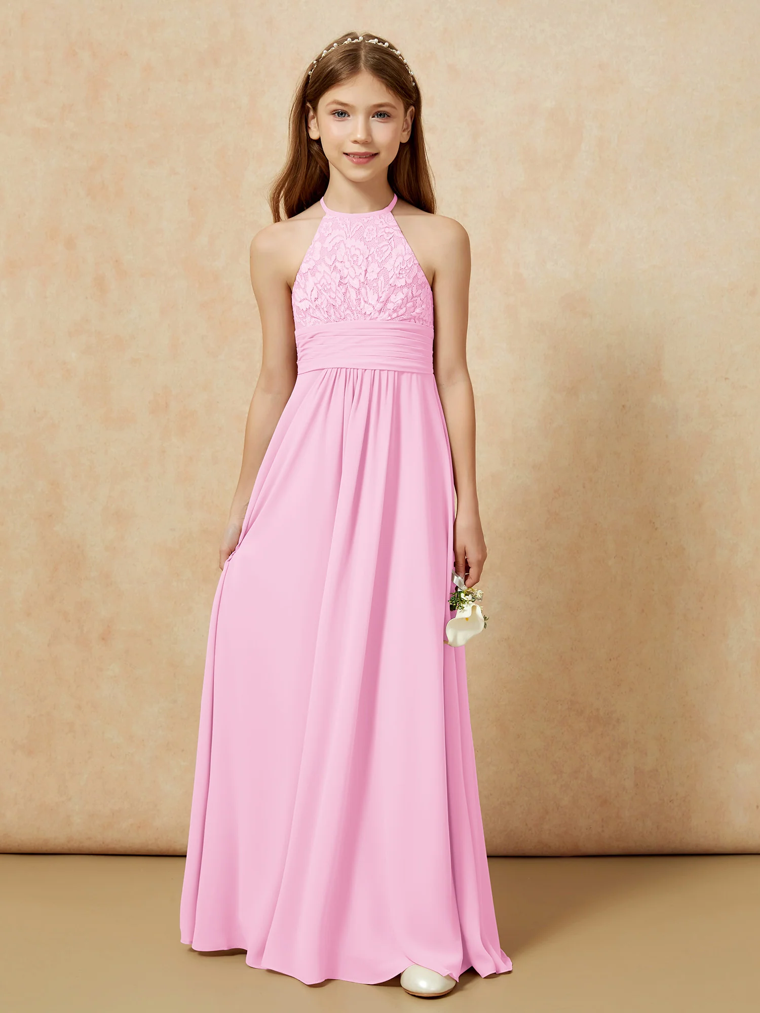 Halter Neck Lace Top Chiffon Junior Bridesmaid Dress Candy Pink - Image 7