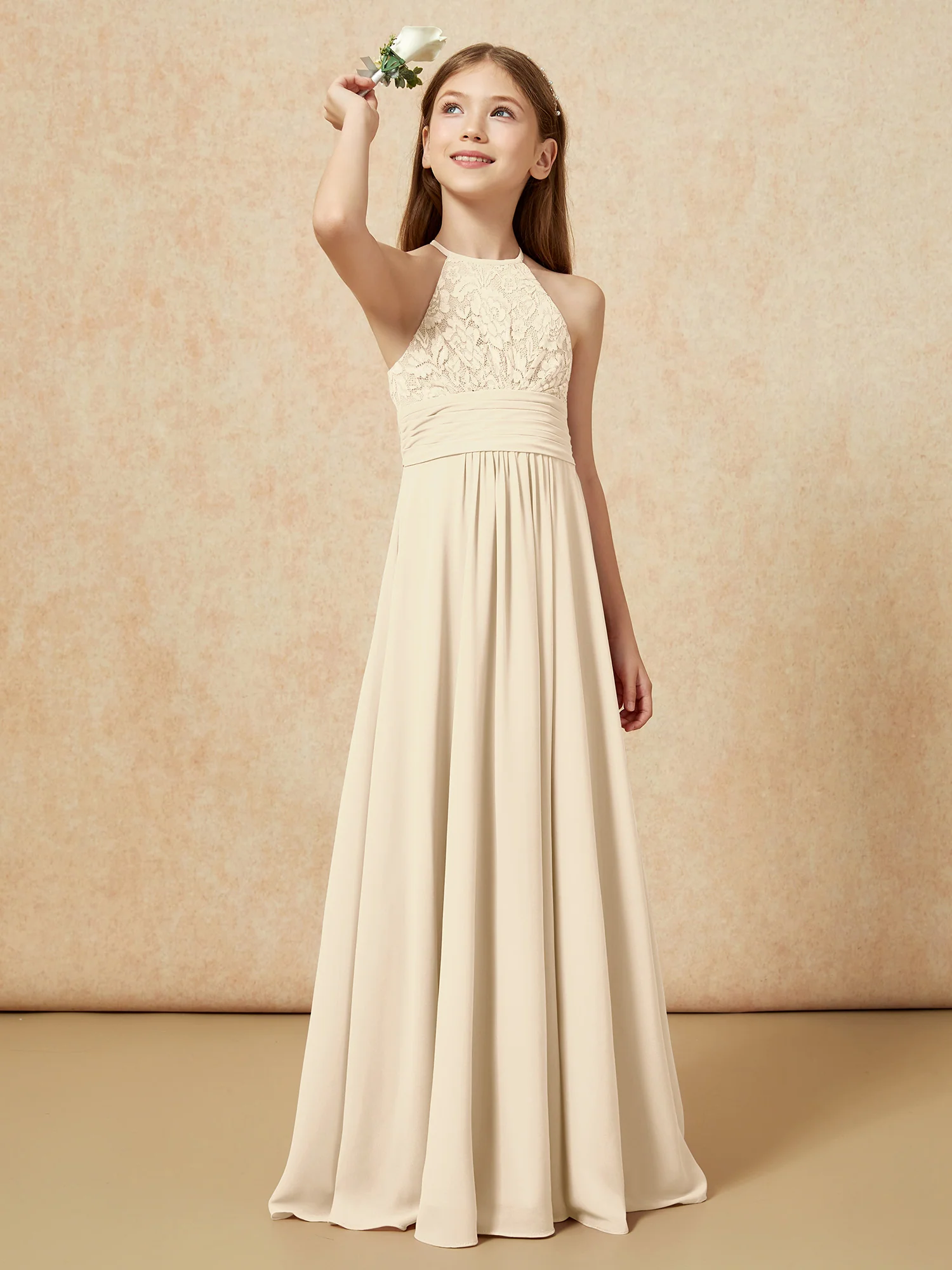 Halter Neck Lace Top Chiffon Junior Bridesmaid Dress Champagne