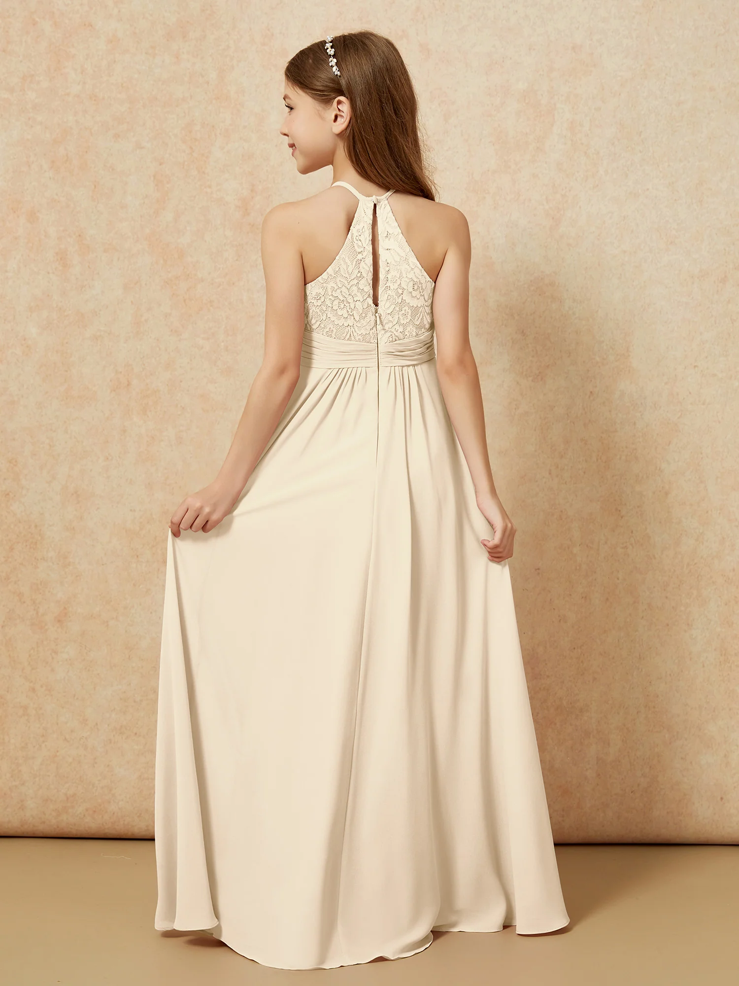 Halter Neck Lace Top Chiffon Junior Bridesmaid Dress Champagne - Image 2