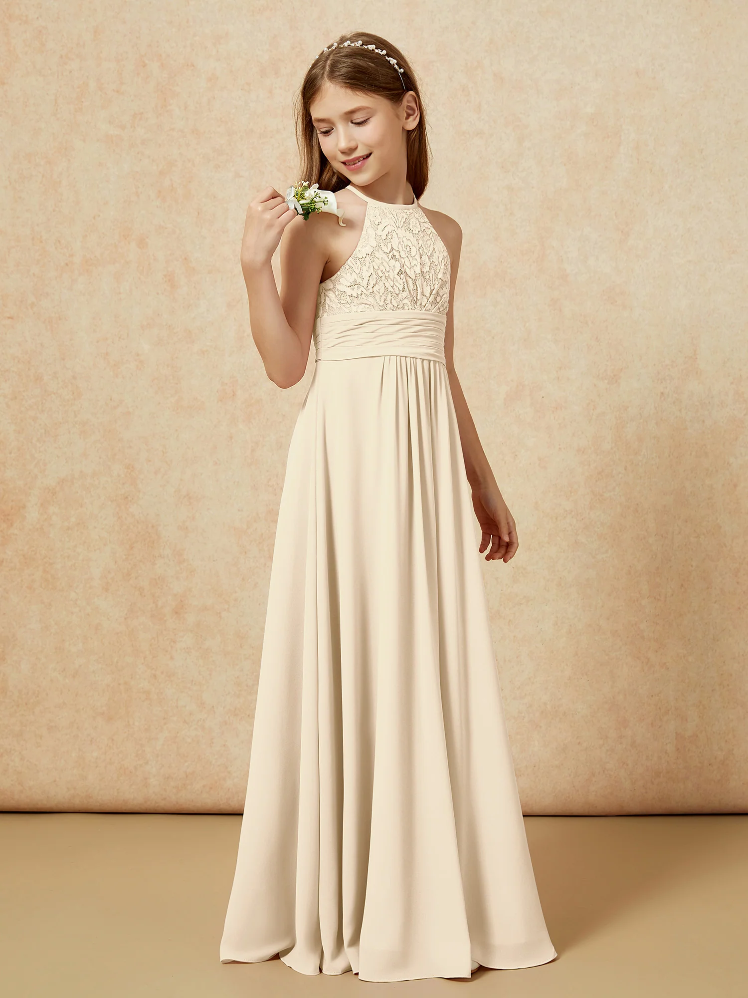 Halter Neck Lace Top Chiffon Junior Bridesmaid Dress Champagne - Image 3