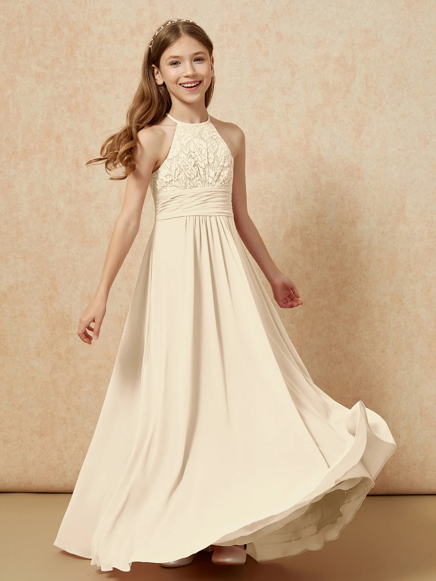 Halter Neck Lace Top Chiffon Junior Bridesmaid Dress Champagne - Image 4