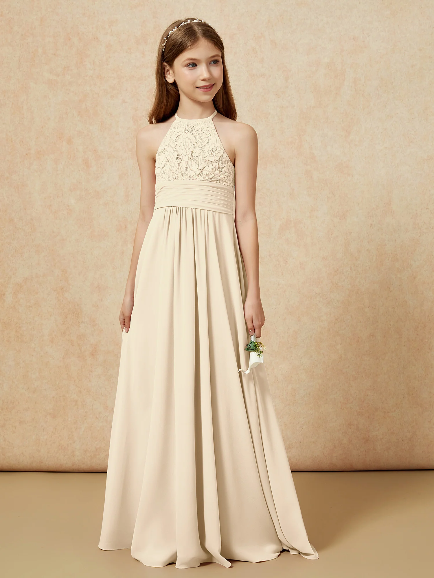Halter Neck Lace Top Chiffon Junior Bridesmaid Dress Champagne - Image 5