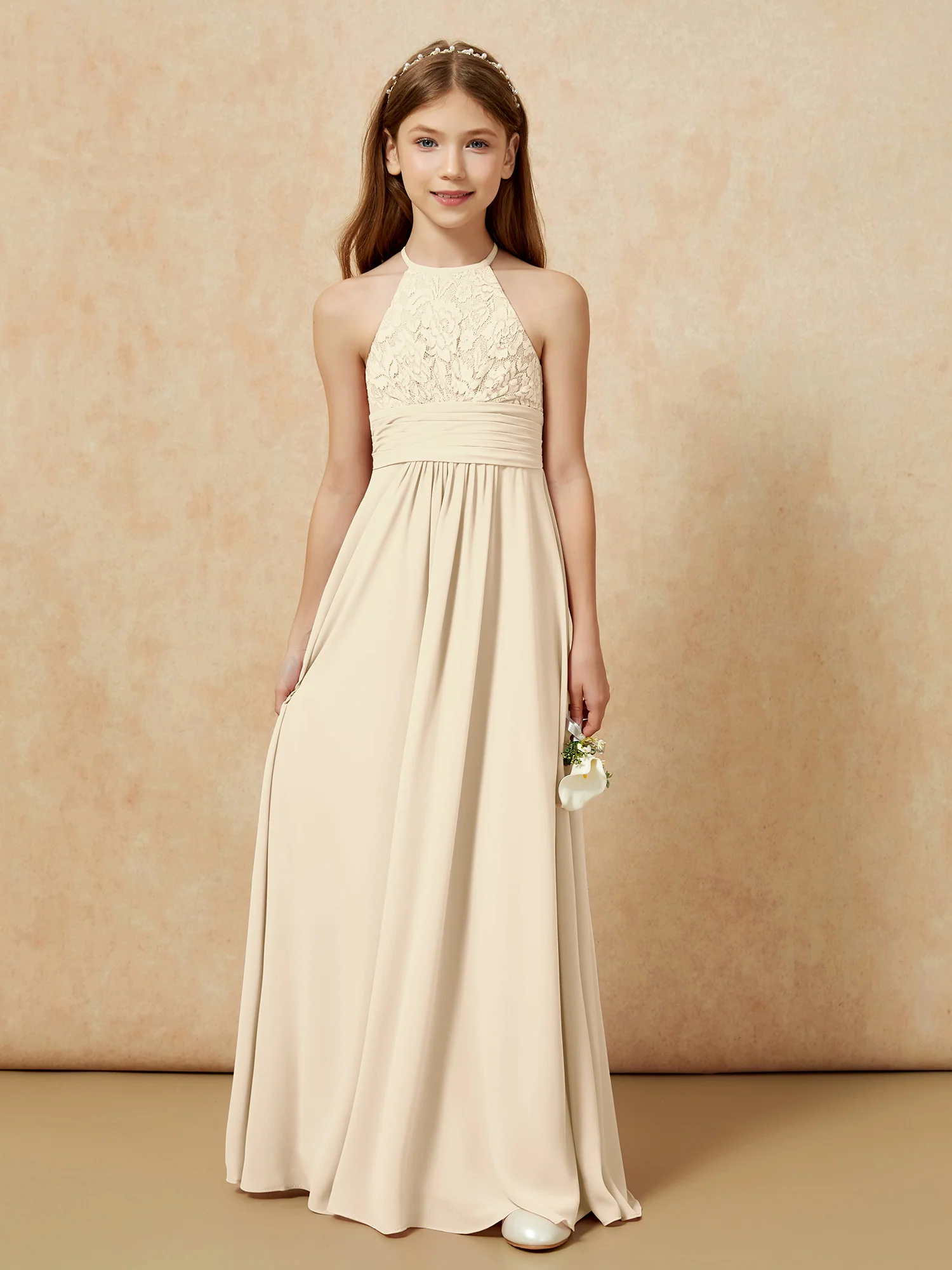 Halter Neck Lace Top Chiffon Junior Bridesmaid Dress Champagne - Image 7
