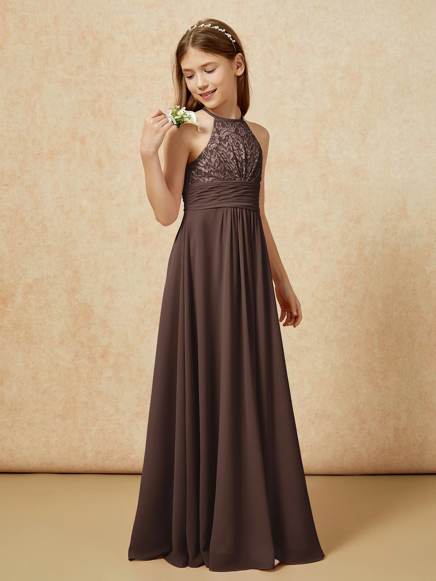 Halter Neck Lace Top Chiffon Junior Bridesmaid Dress Chocolate - Image 3