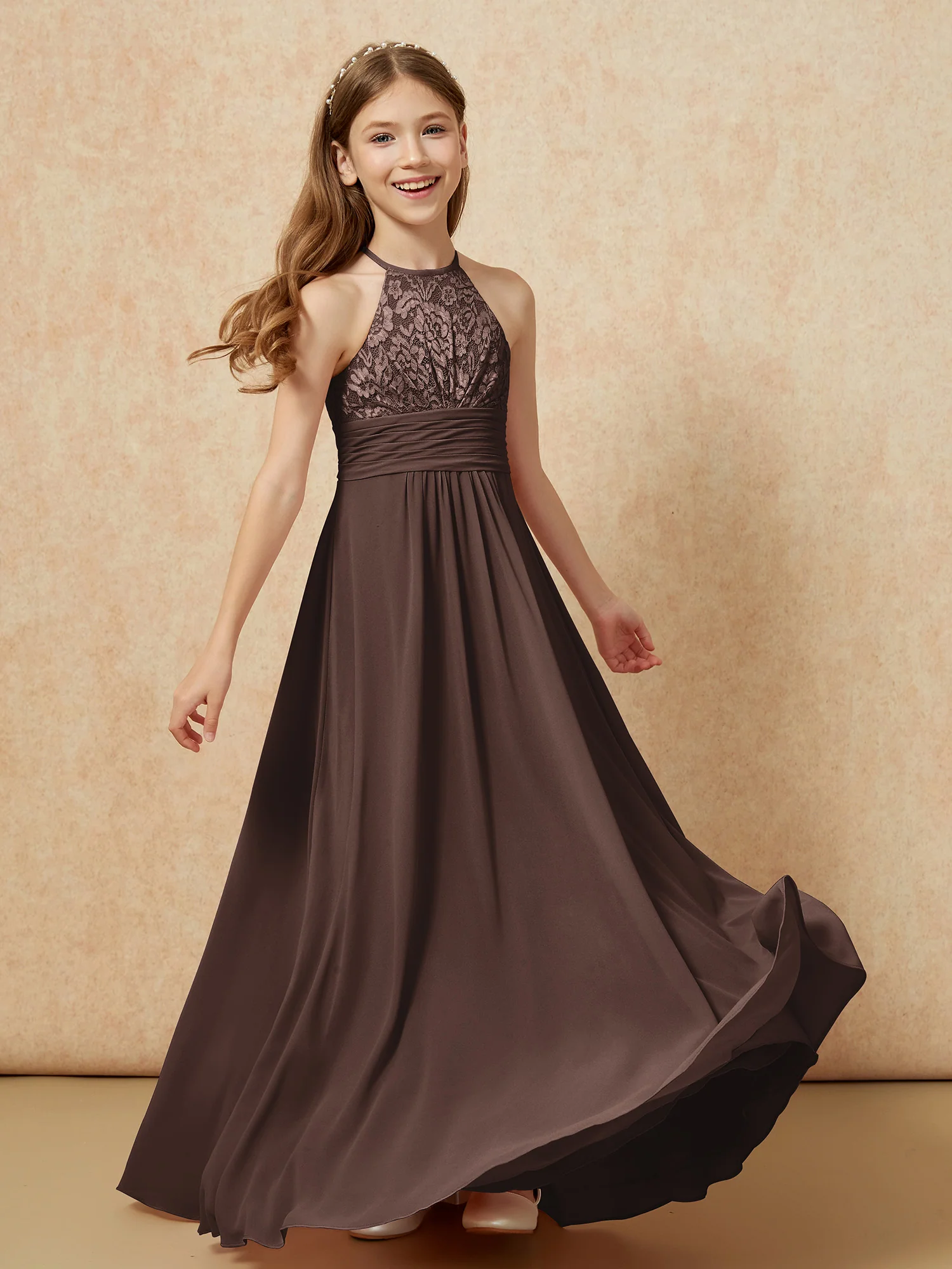 Halter Neck Lace Top Chiffon Junior Bridesmaid Dress Chocolate - Image 4