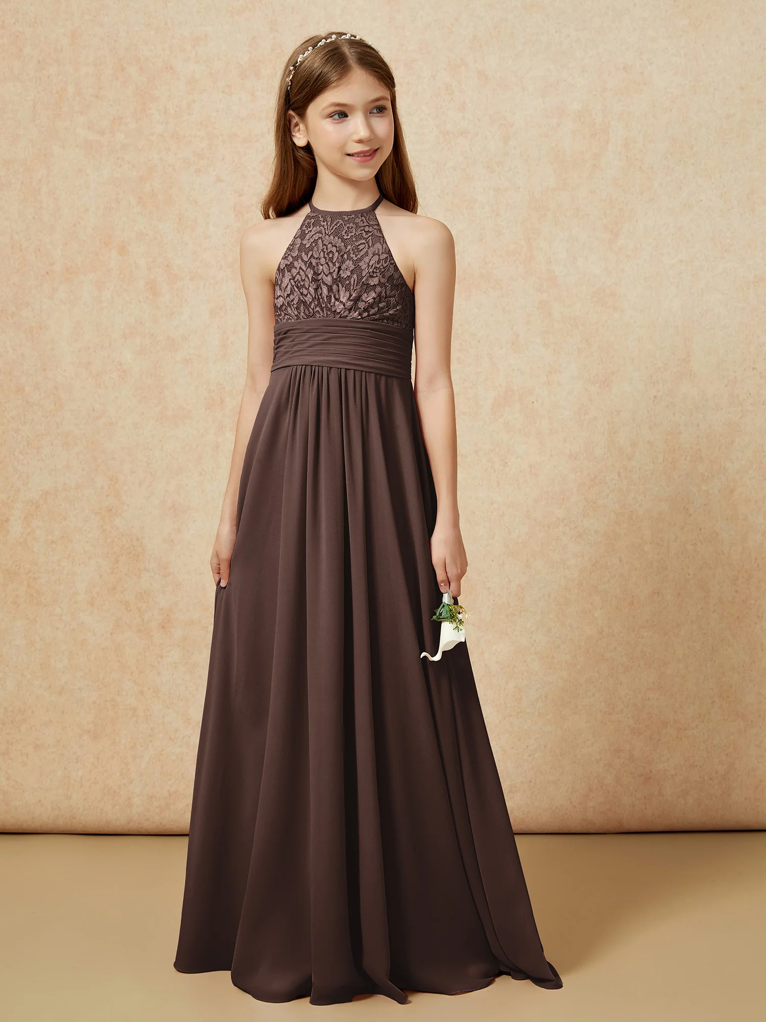 Halter Neck Lace Top Chiffon Junior Bridesmaid Dress Chocolate - Image 5