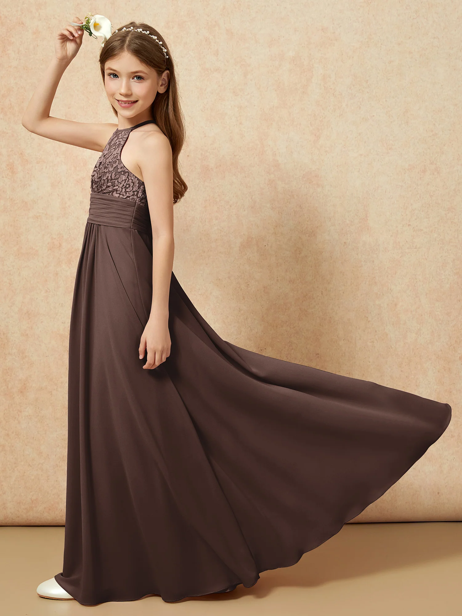 Halter Neck Lace Top Chiffon Junior Bridesmaid Dress Chocolate - Image 6