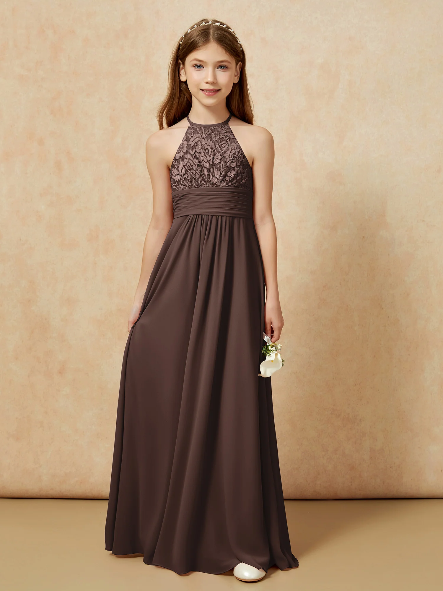 Halter Neck Lace Top Chiffon Junior Bridesmaid Dress Chocolate - Image 7