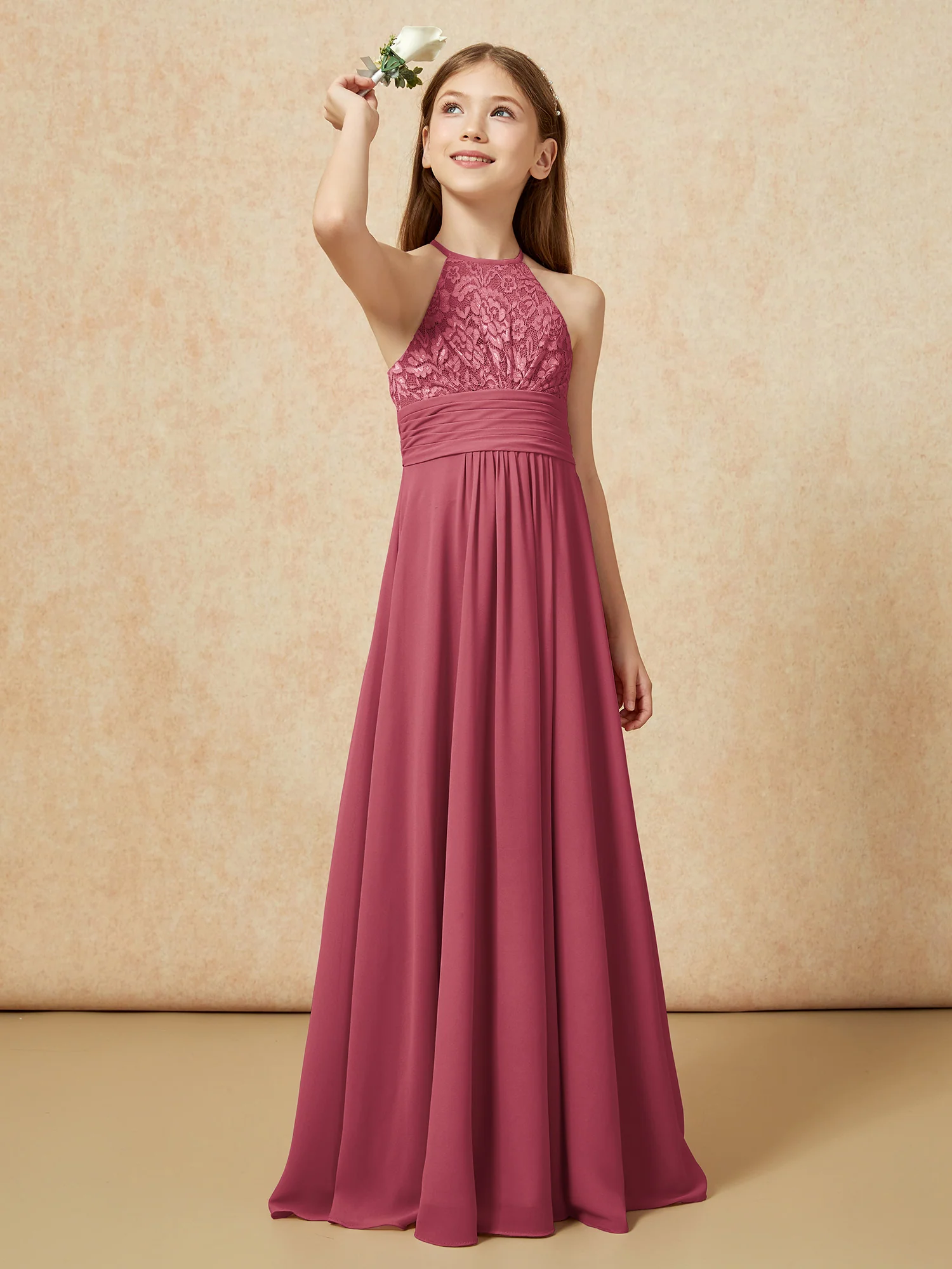Halter Neck Lace Top Chiffon Junior Bridesmaid Dress Cinnamon Rose