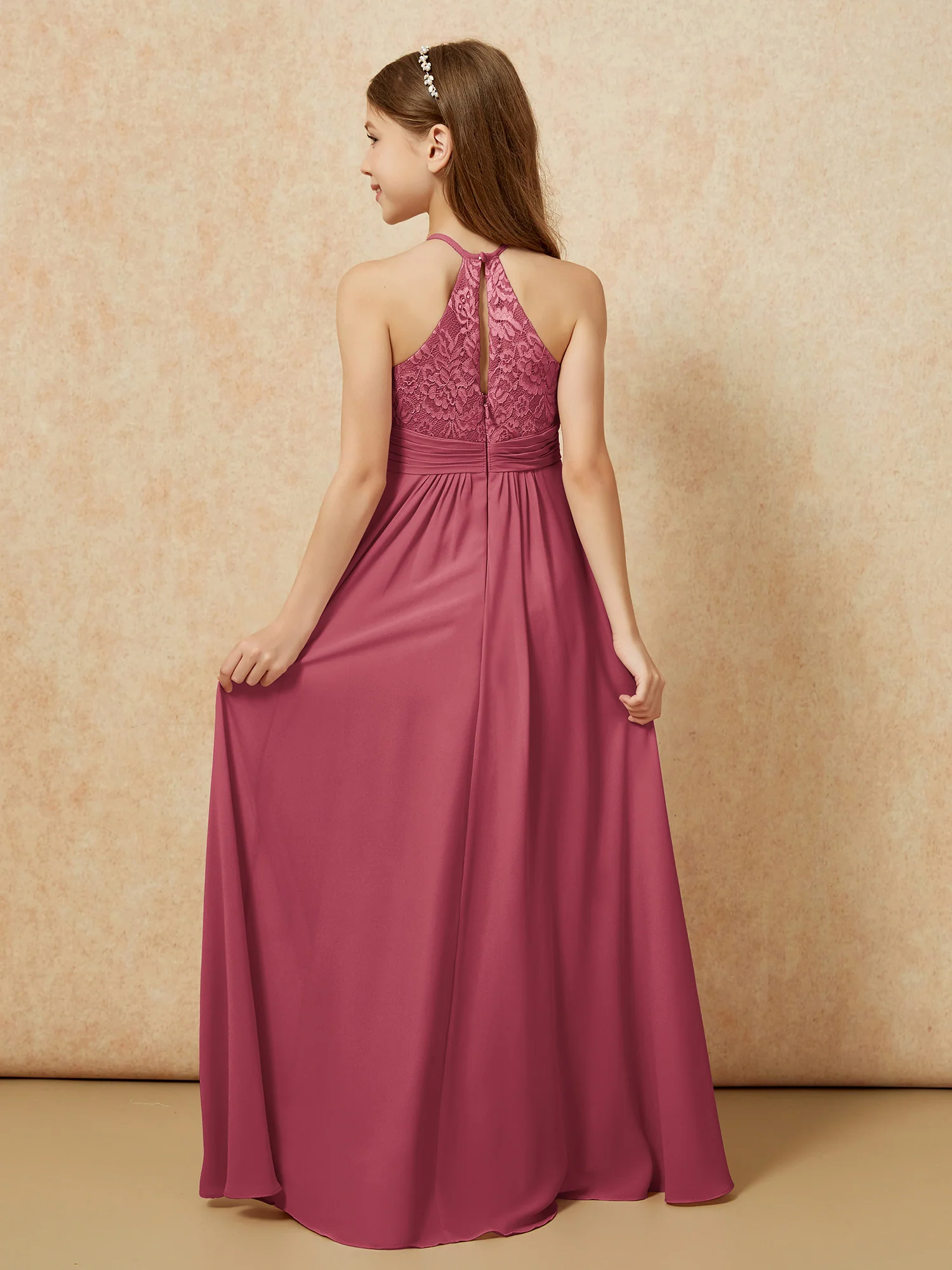 Halter Neck Lace Top Chiffon Junior Bridesmaid Dress Cinnamon Rose - Image 2