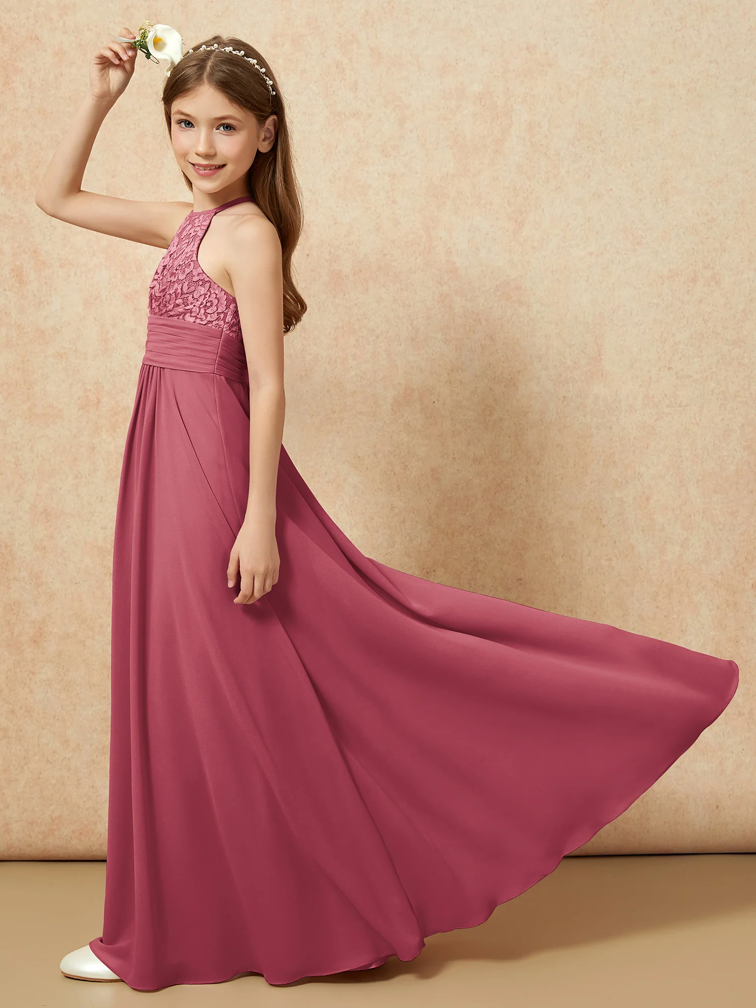 Halter Neck Lace Top Chiffon Junior Bridesmaid Dress Cinnamon Rose - Image 6