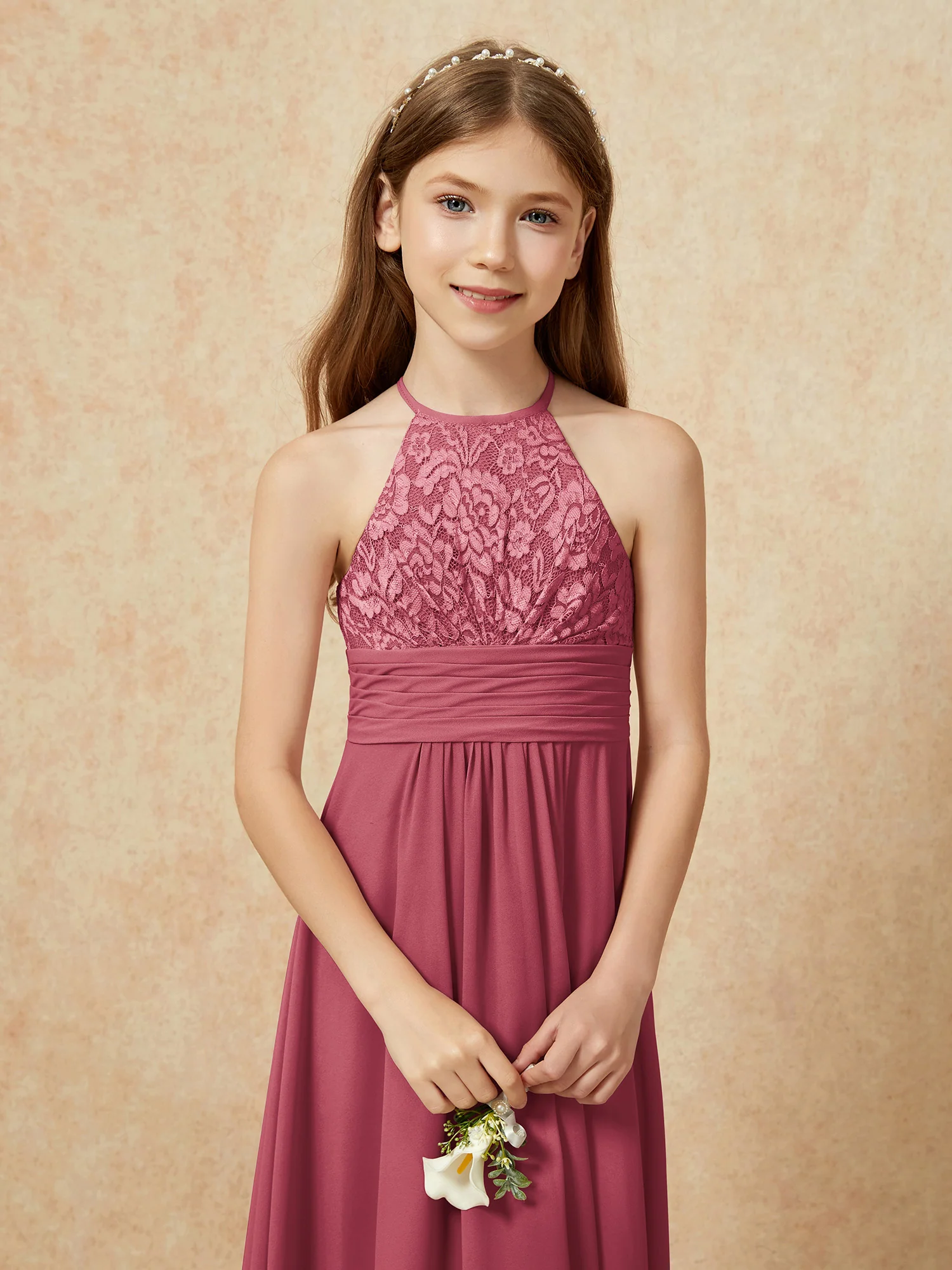 Halter Neck Lace Top Chiffon Junior Bridesmaid Dress Cinnamon Rose - Image 8