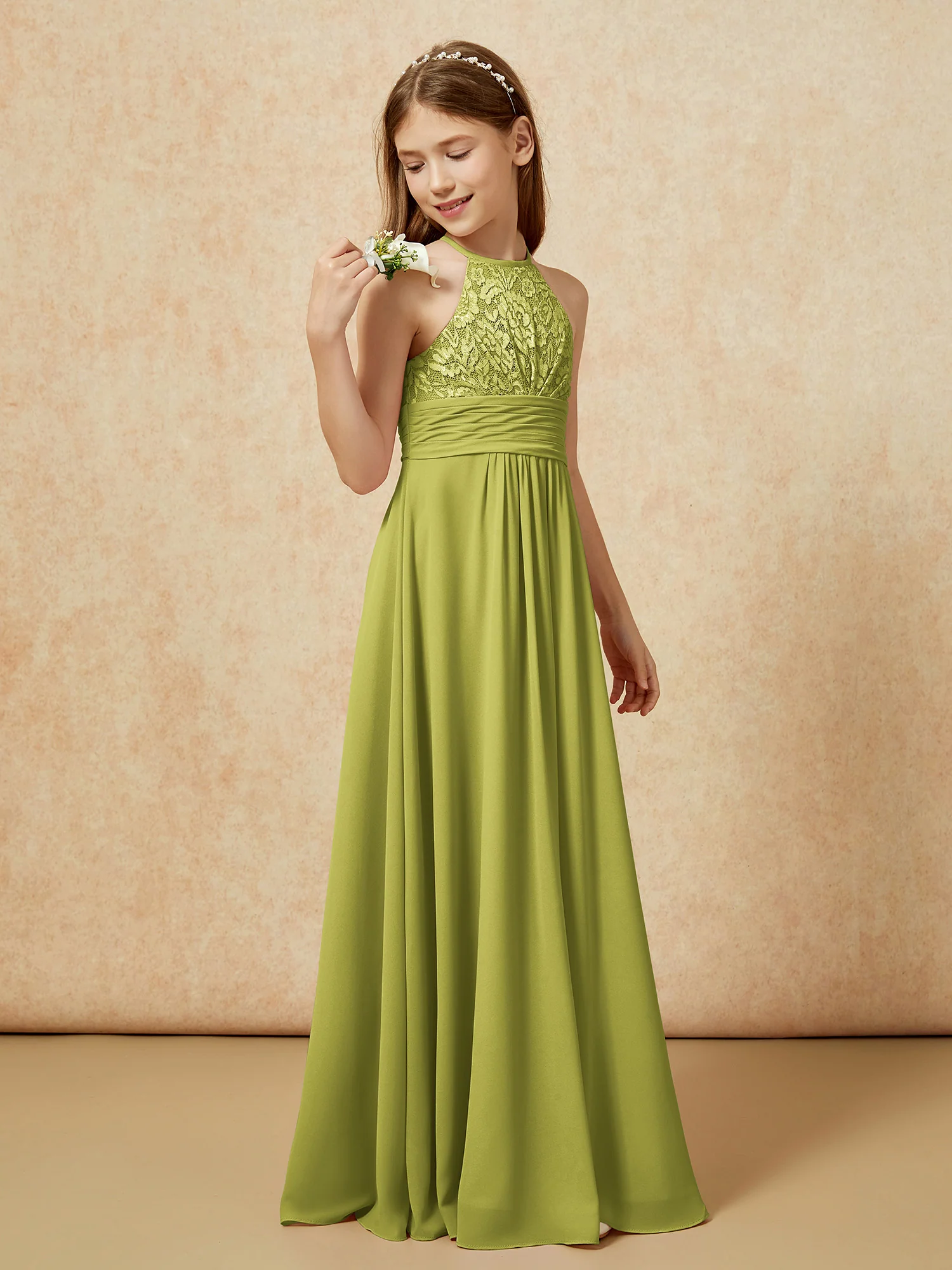 Halter Neck Lace Top Chiffon Junior Bridesmaid Dress Clover - Image 3