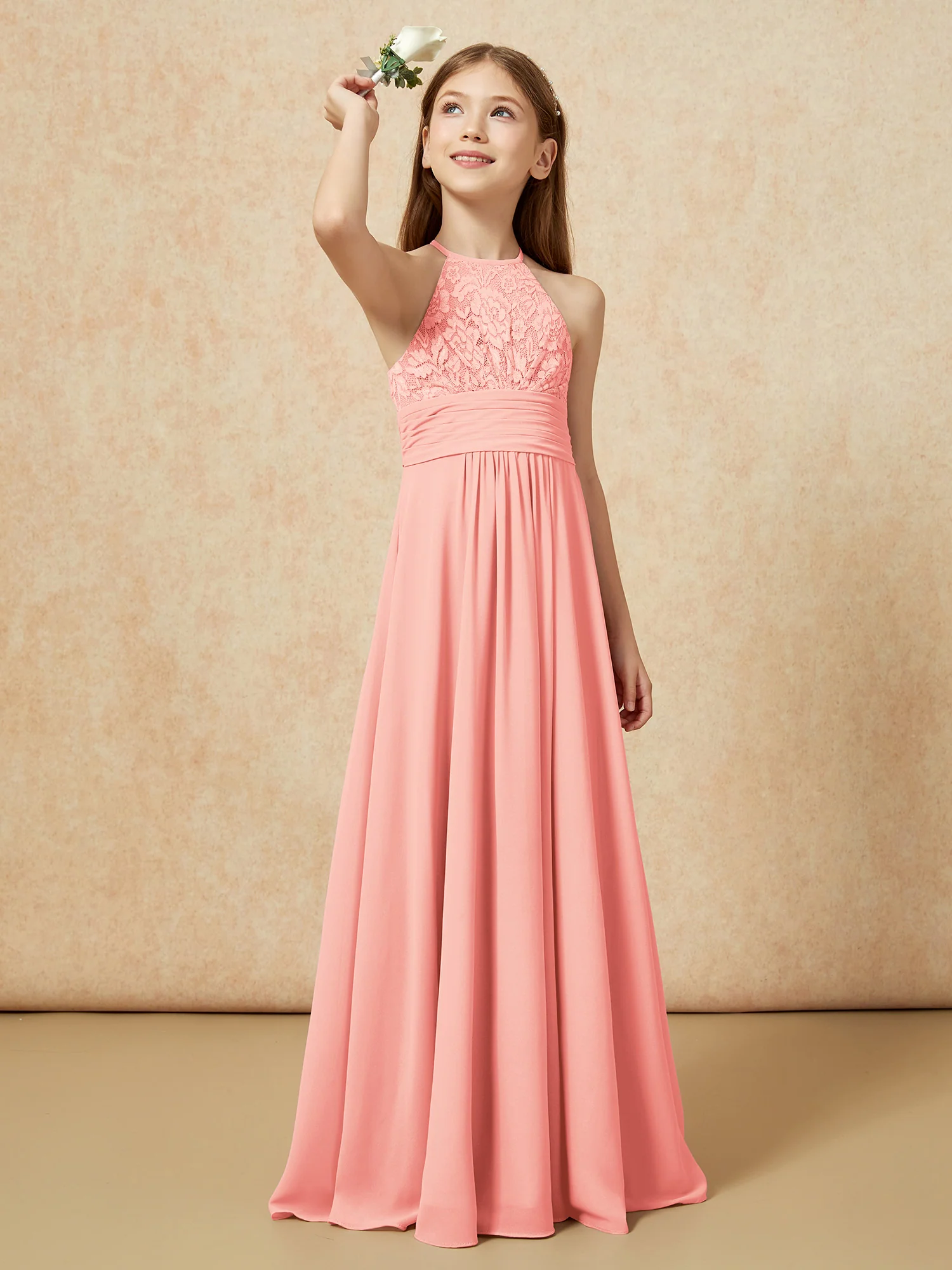 Halter Neck Lace Top Chiffon Junior Bridesmaid Dress Coral