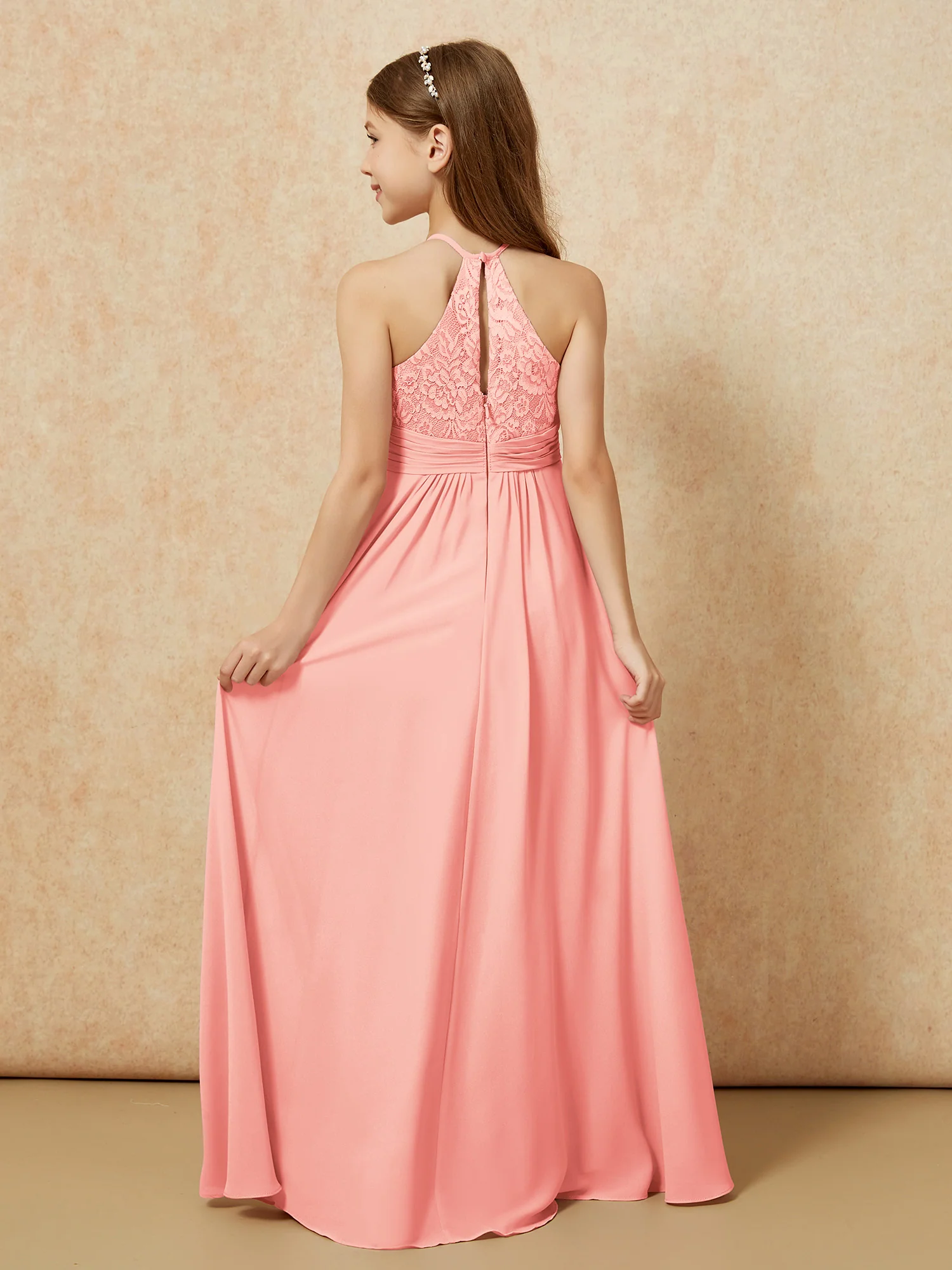 Halter Neck Lace Top Chiffon Junior Bridesmaid Dress Coral - Image 2
