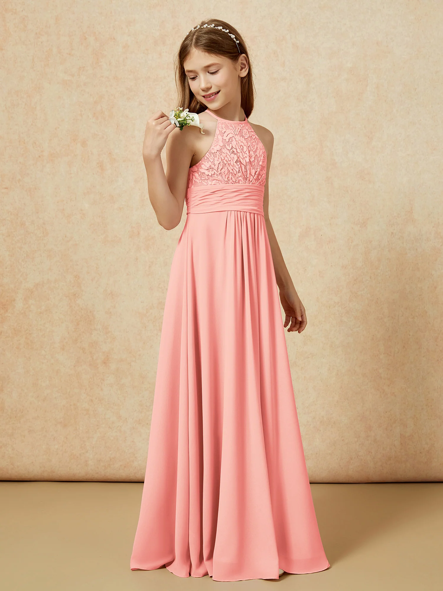 Halter Neck Lace Top Chiffon Junior Bridesmaid Dress Coral - Image 3