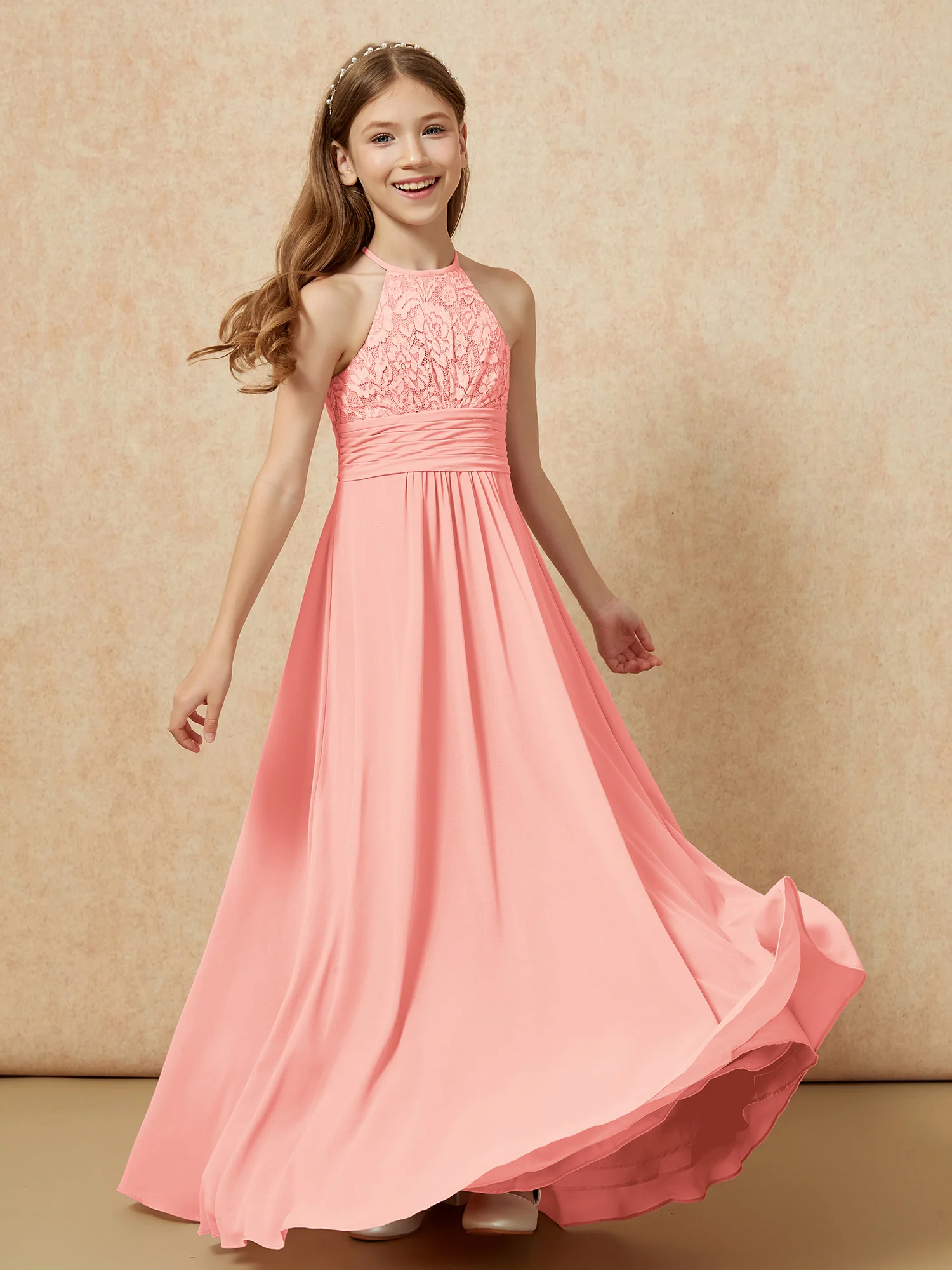Halter Neck Lace Top Chiffon Junior Bridesmaid Dress Coral - Image 4