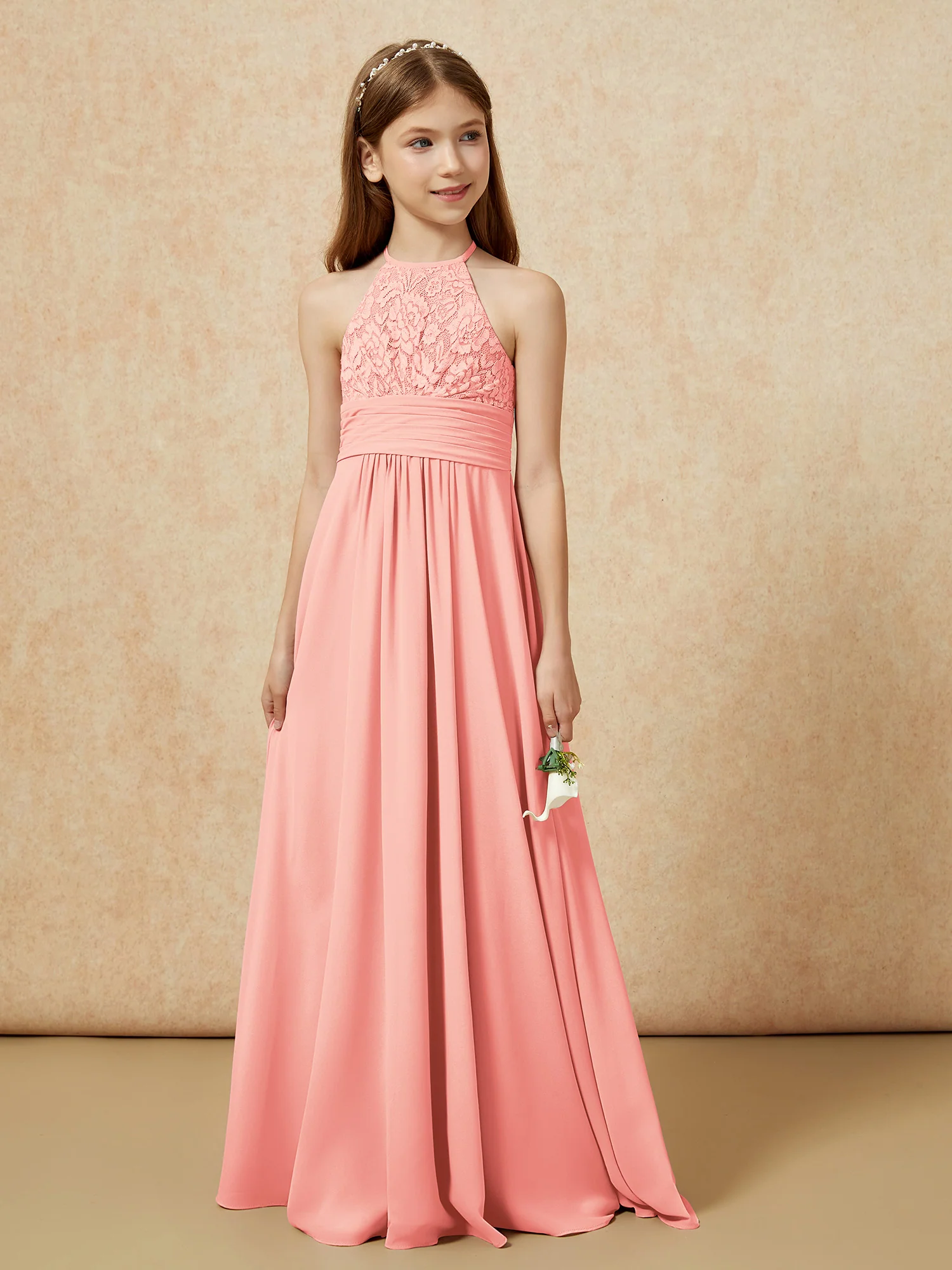 Halter Neck Lace Top Chiffon Junior Bridesmaid Dress Coral - Image 5