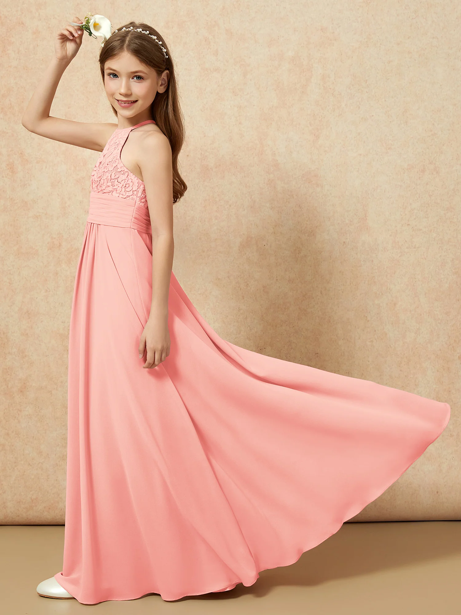 Halter Neck Lace Top Chiffon Junior Bridesmaid Dress Coral - Image 6