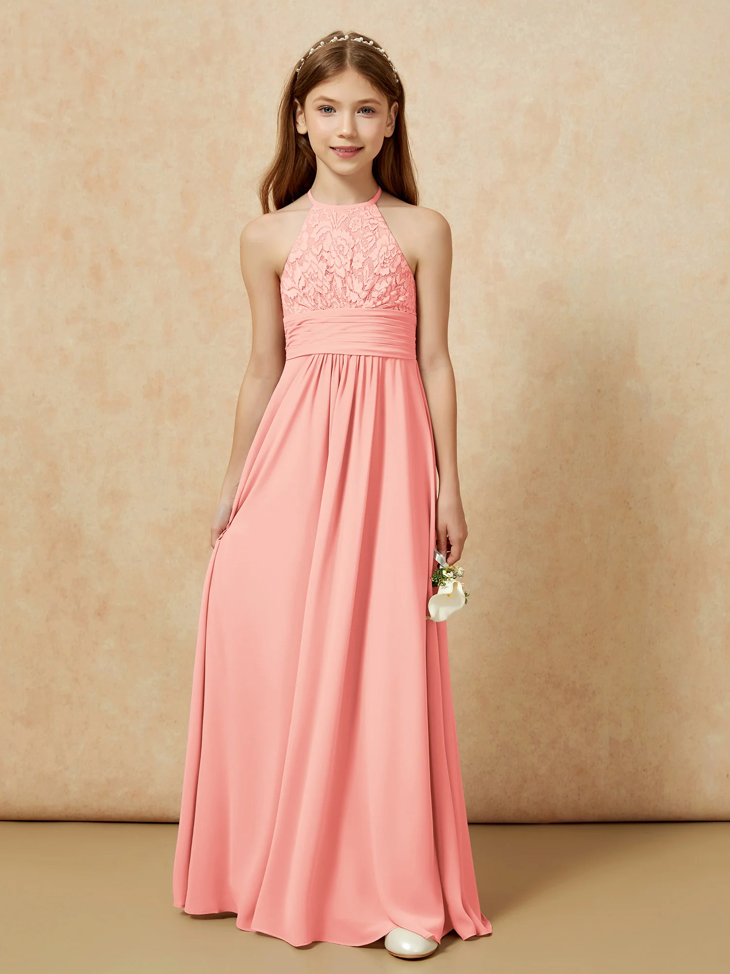 Halter Neck Lace Top Chiffon Junior Bridesmaid Dress Coral - Image 7