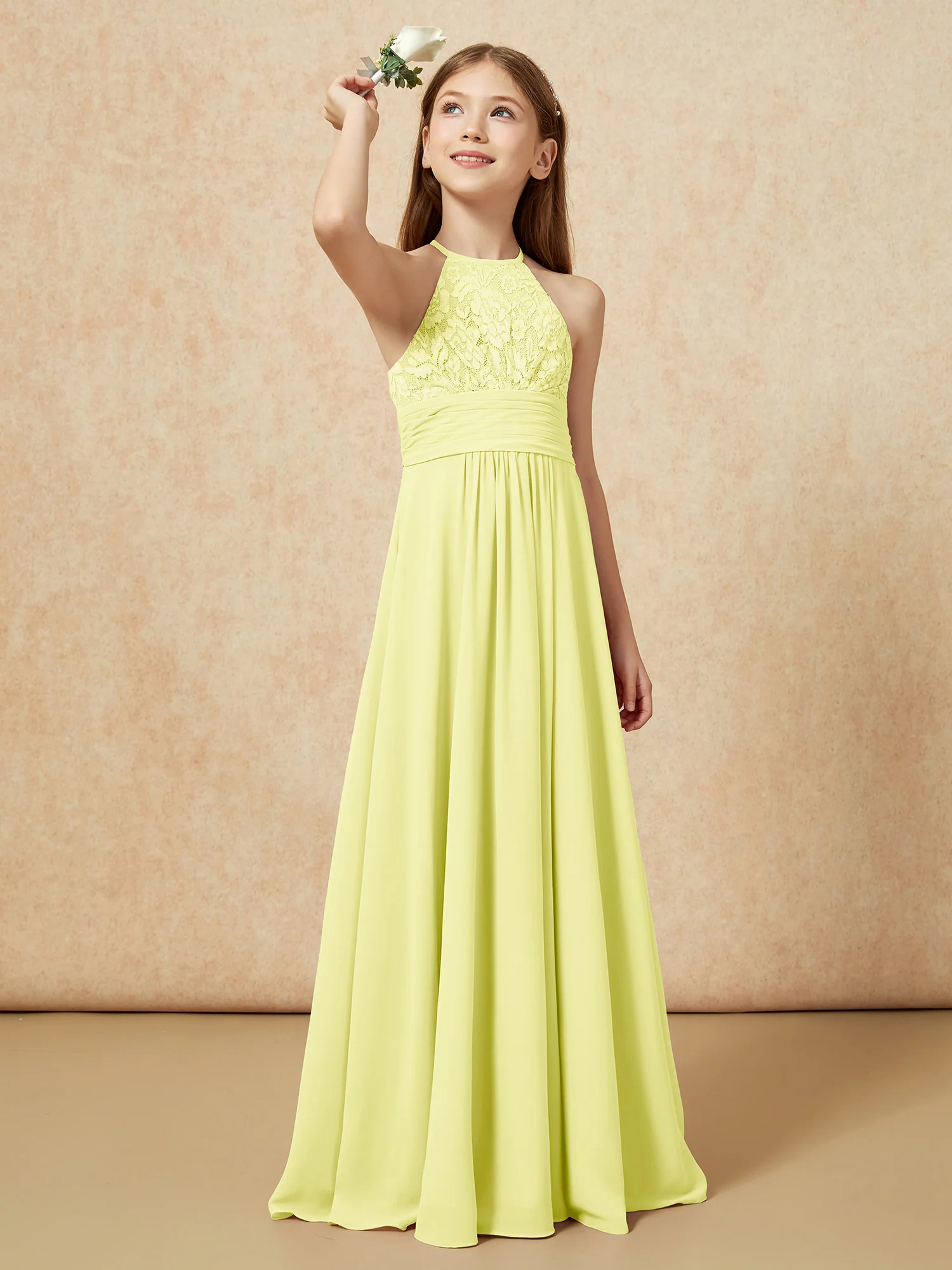Halter Neck Lace Top Chiffon Junior Bridesmaid Dress Daffodil