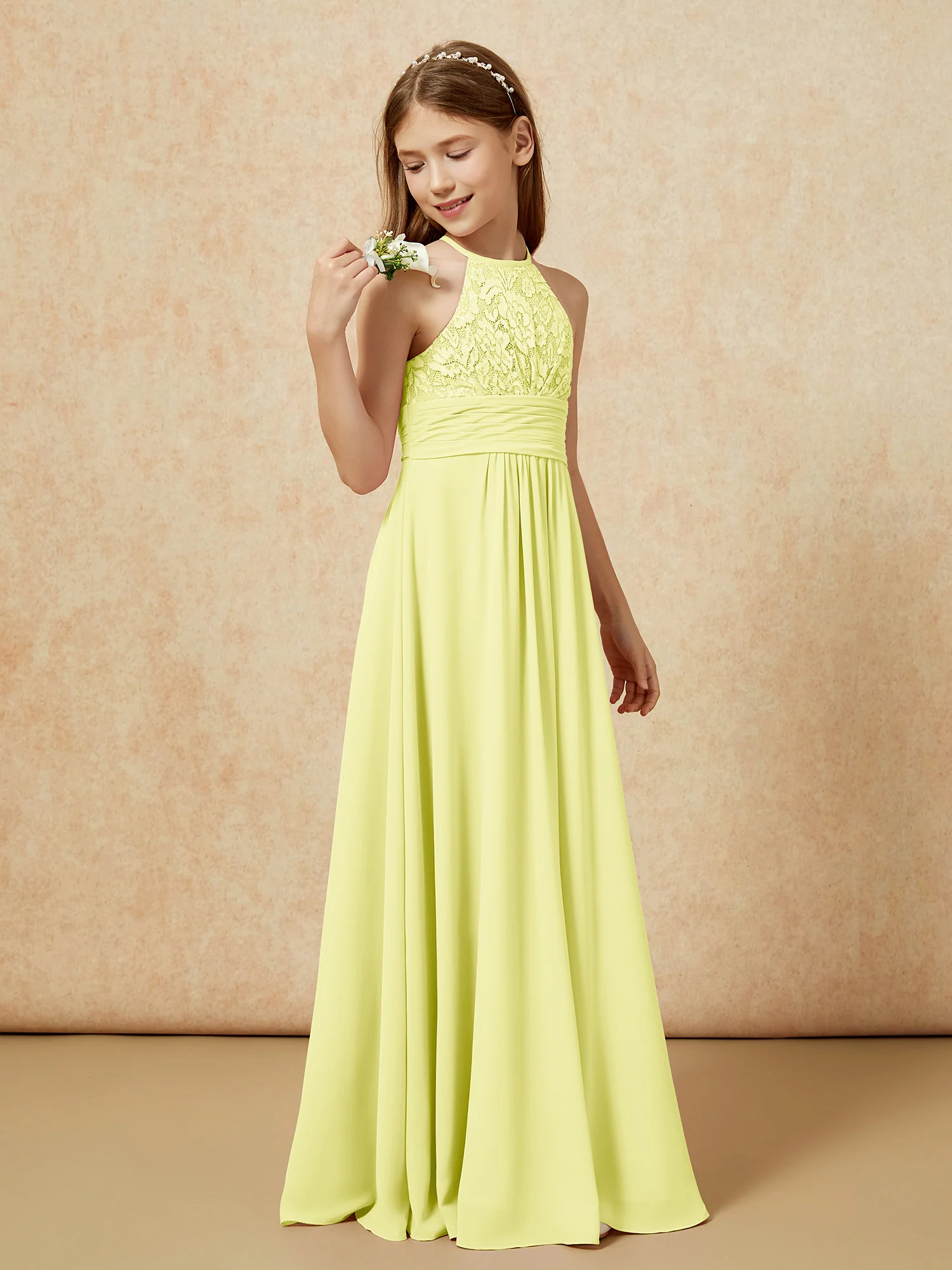 Halter Neck Lace Top Chiffon Junior Bridesmaid Dress Daffodil - Image 3