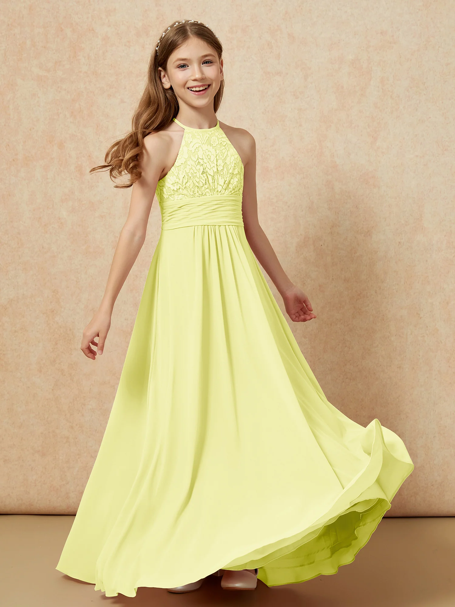 Halter Neck Lace Top Chiffon Junior Bridesmaid Dress Daffodil - Image 4