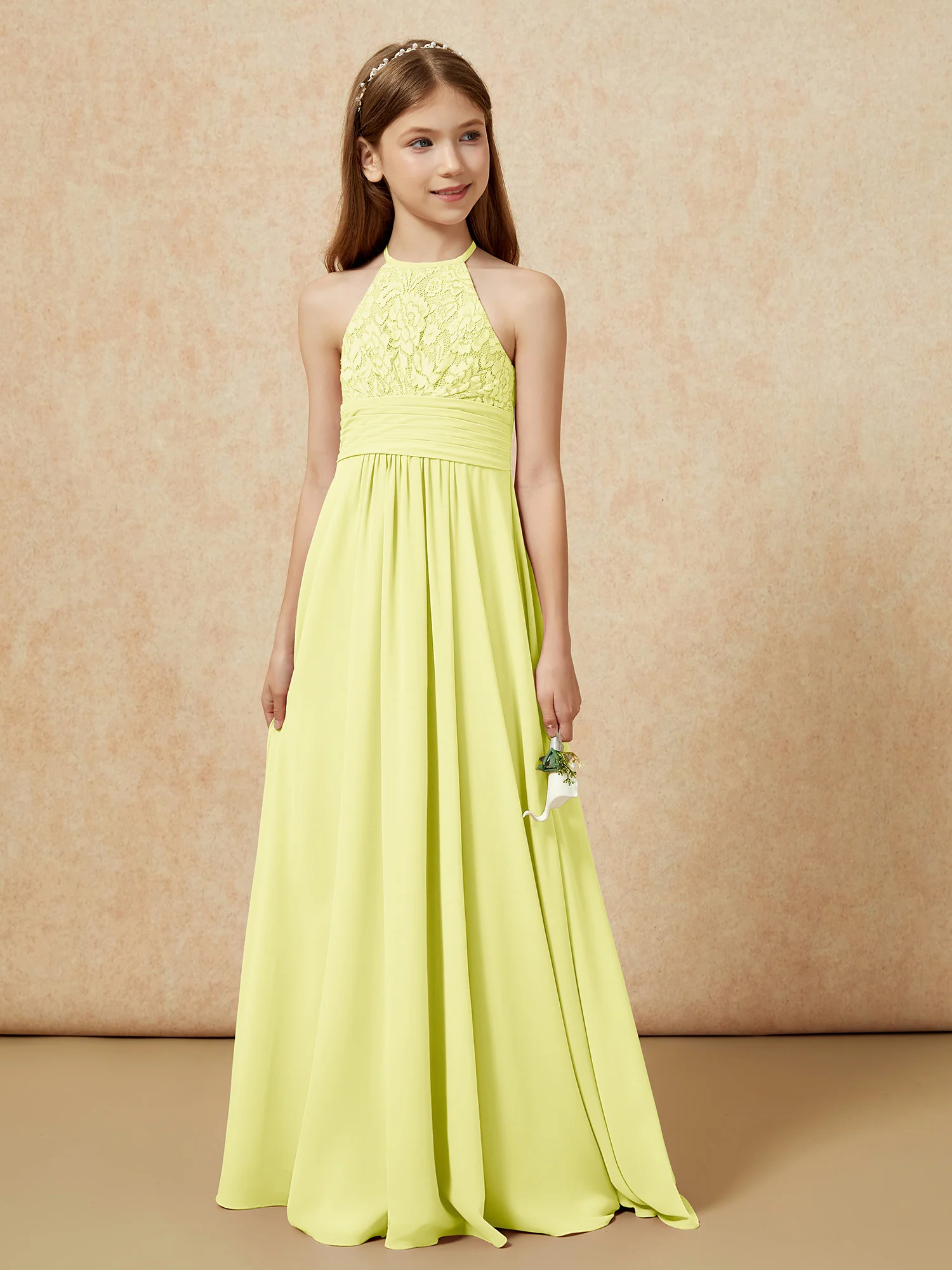 Halter Neck Lace Top Chiffon Junior Bridesmaid Dress Daffodil - Image 5