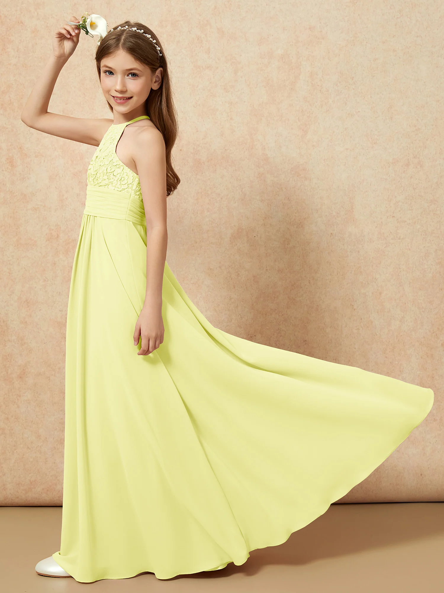 Halter Neck Lace Top Chiffon Junior Bridesmaid Dress Daffodil - Image 6
