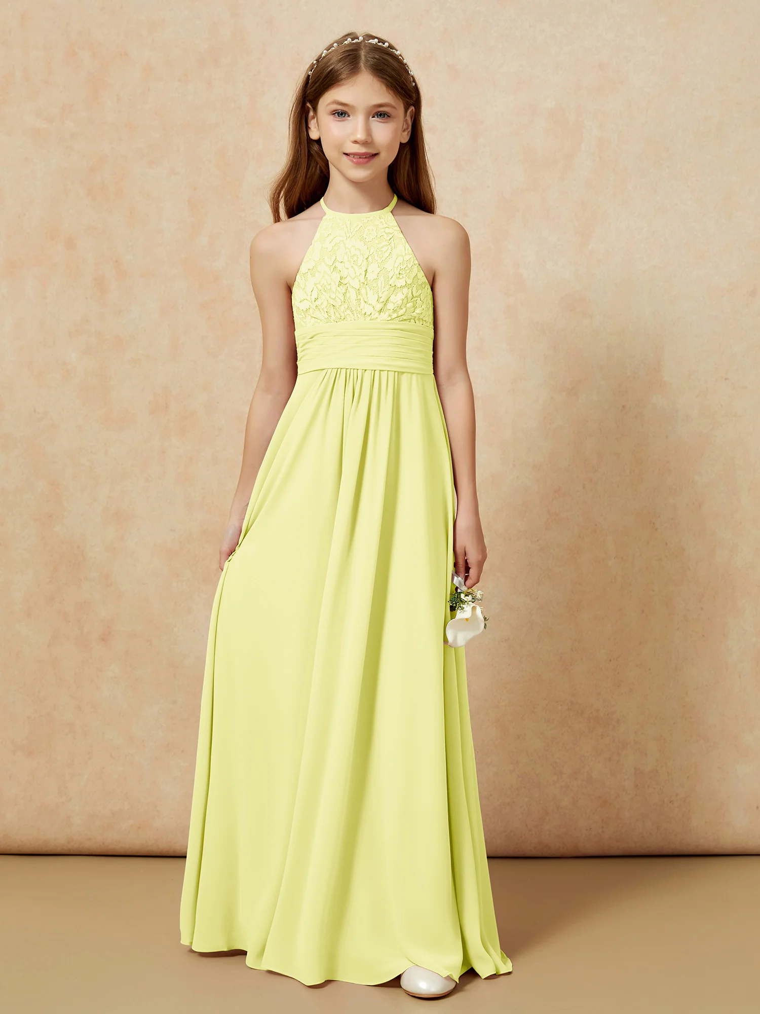 Halter Neck Lace Top Chiffon Junior Bridesmaid Dress Daffodil - Image 7