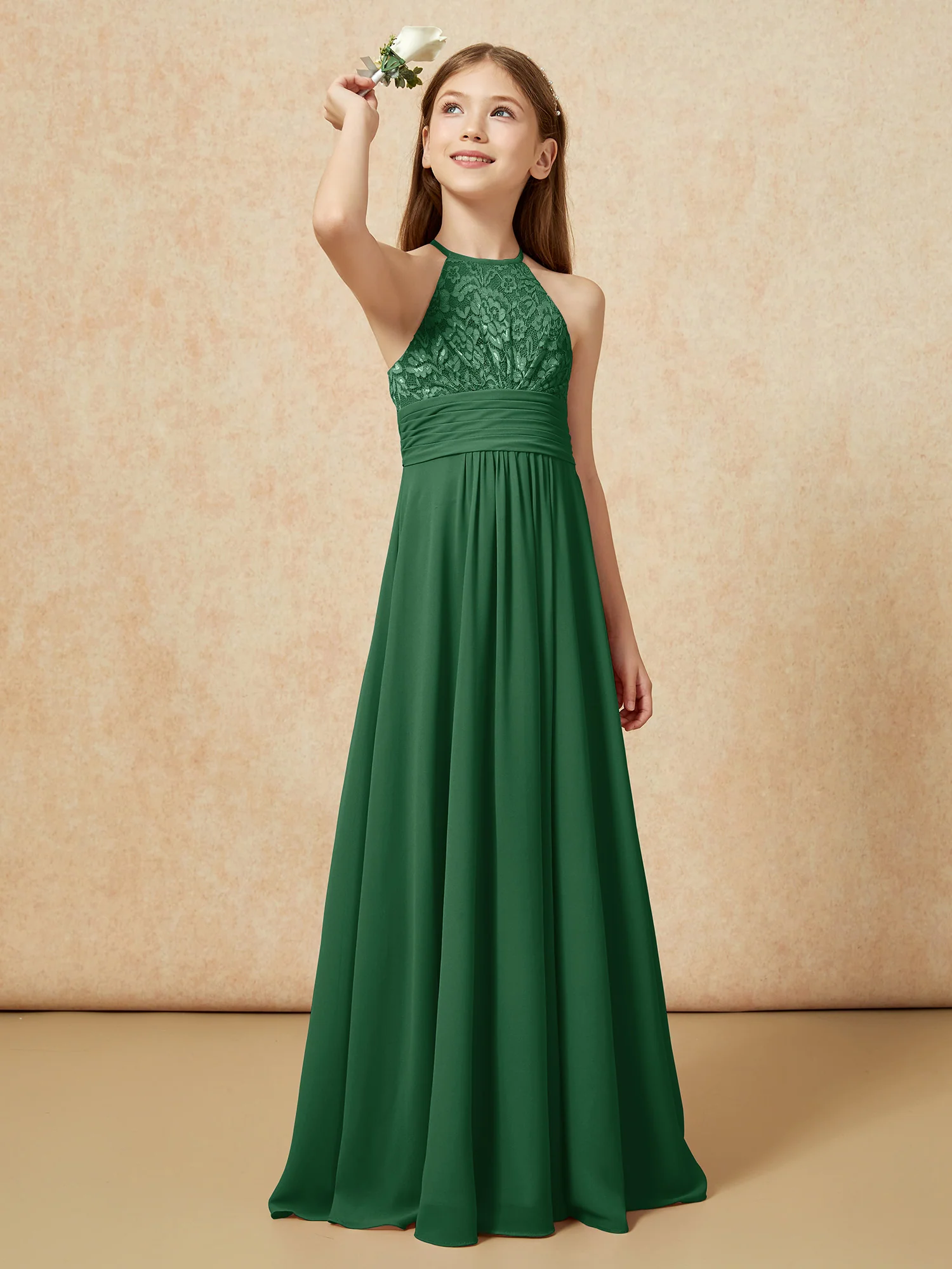 Halter Neck Lace Top Chiffon Junior Bridesmaid Dress Dark Green