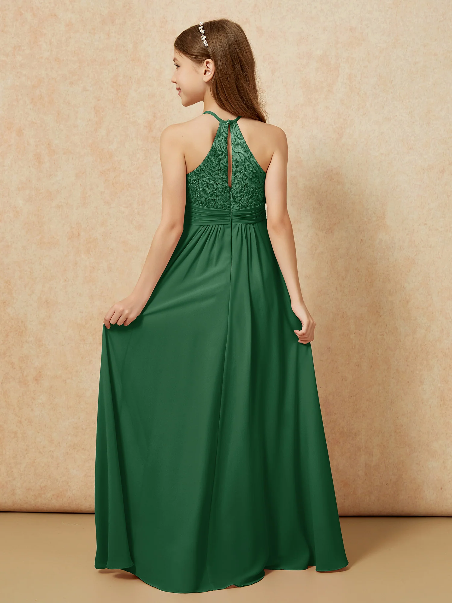 Halter Neck Lace Top Chiffon Junior Bridesmaid Dress Dark Green - Image 2