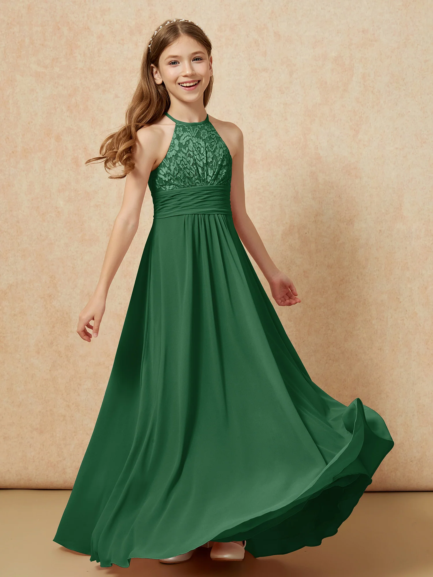 Halter Neck Lace Top Chiffon Junior Bridesmaid Dress Dark Green - Image 4