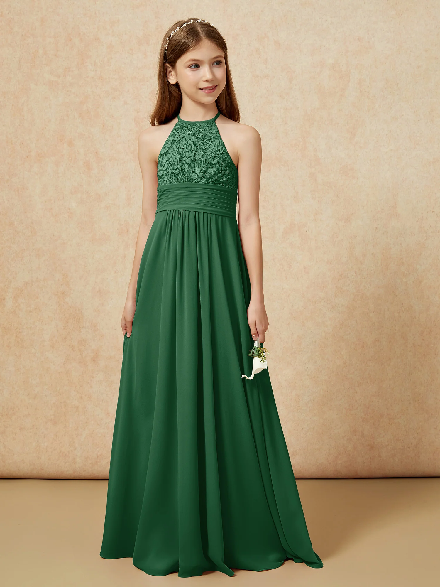 Halter Neck Lace Top Chiffon Junior Bridesmaid Dress Dark Green - Image 5