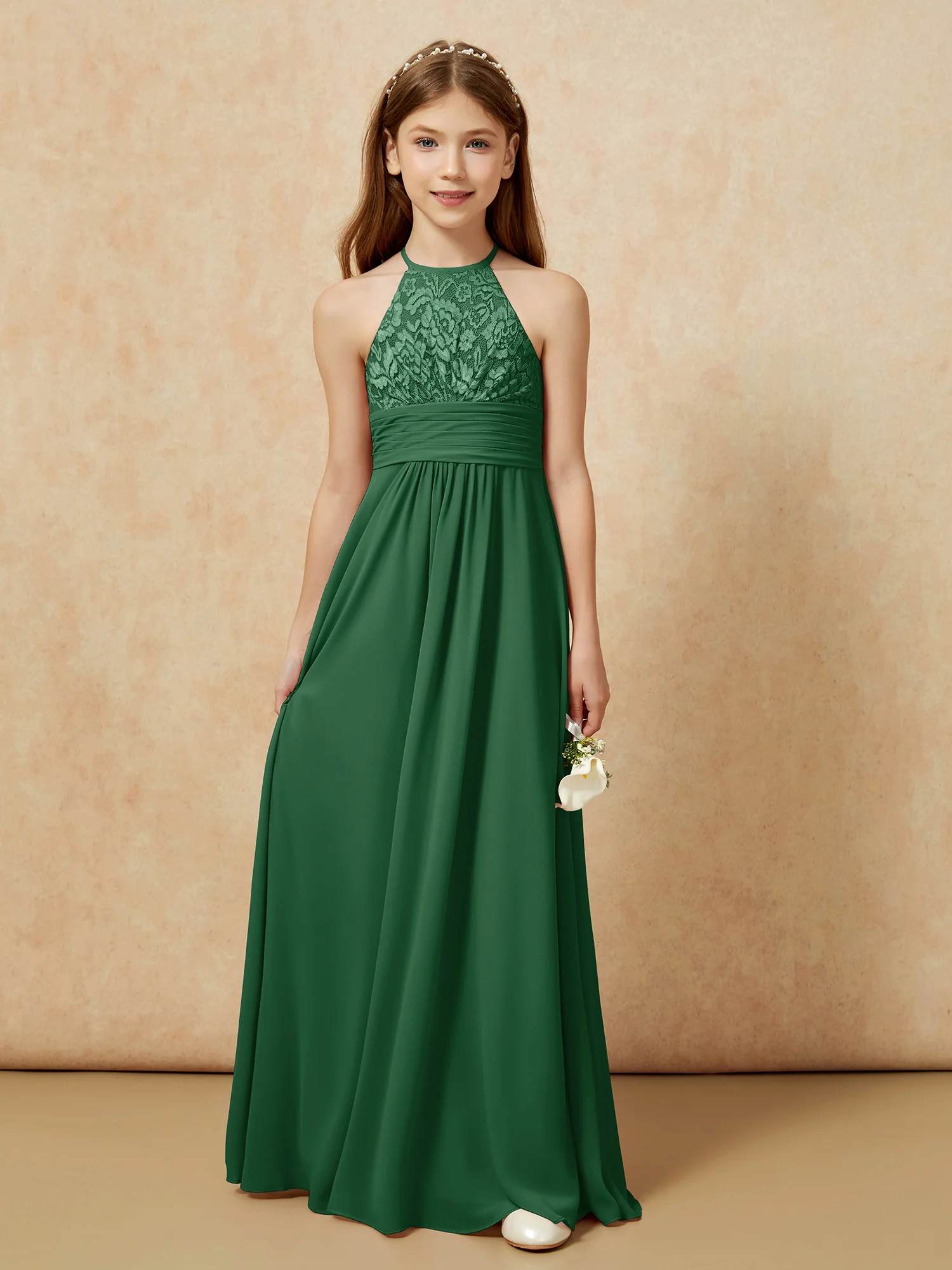 Halter Neck Lace Top Chiffon Junior Bridesmaid Dress Dark Green - Image 7