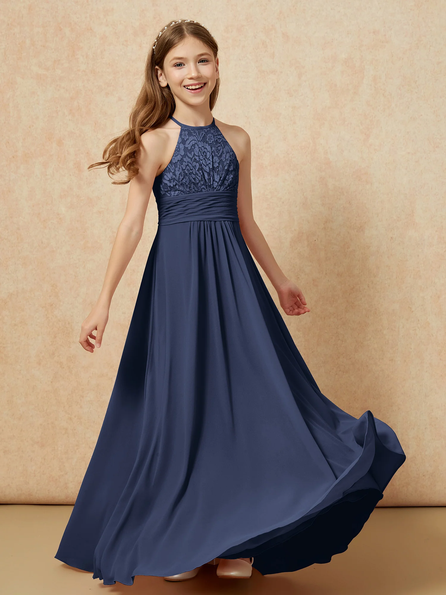 Halter Neck Lace Top Chiffon Junior Bridesmaid Dress Dark Navy - Image 4