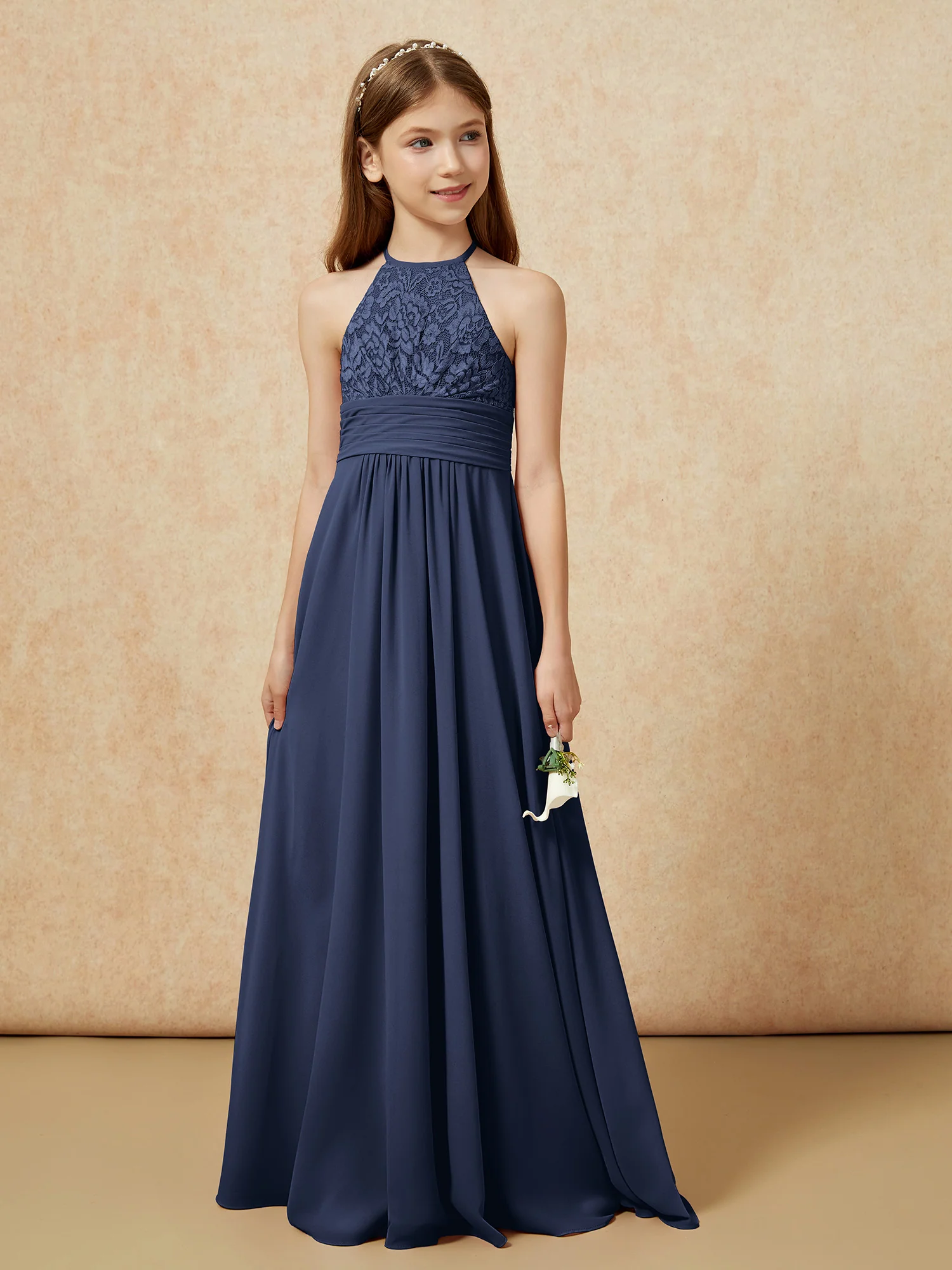 Halter Neck Lace Top Chiffon Junior Bridesmaid Dress Dark Navy - Image 5