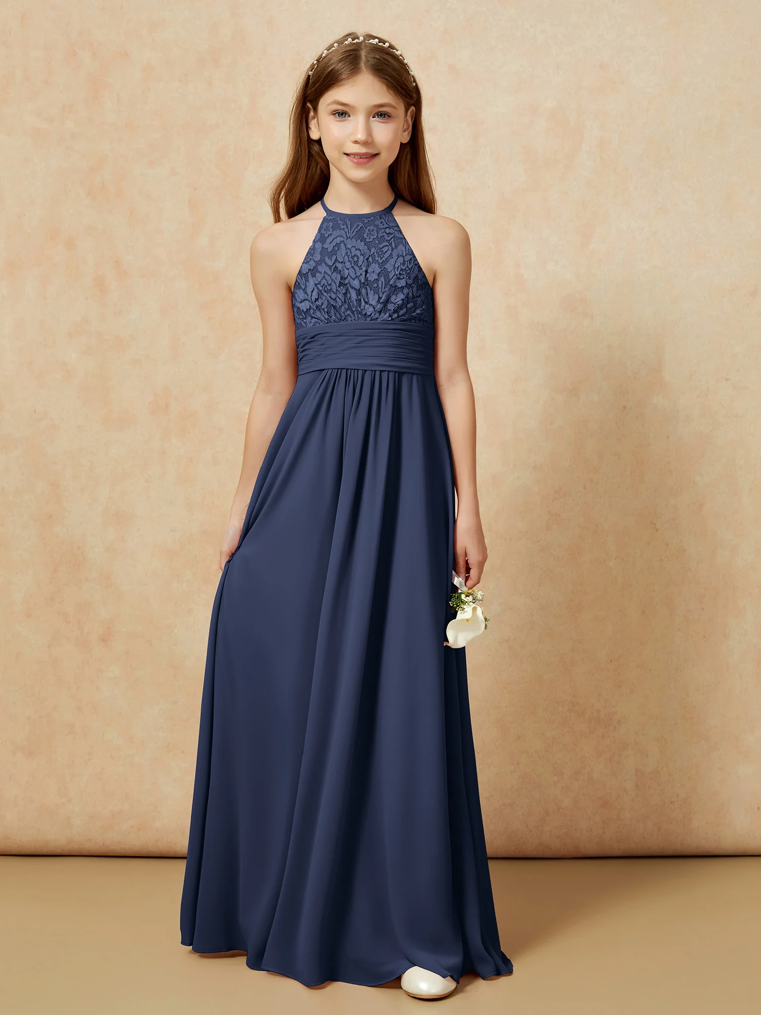 Halter Neck Lace Top Chiffon Junior Bridesmaid Dress Dark Navy - Image 7