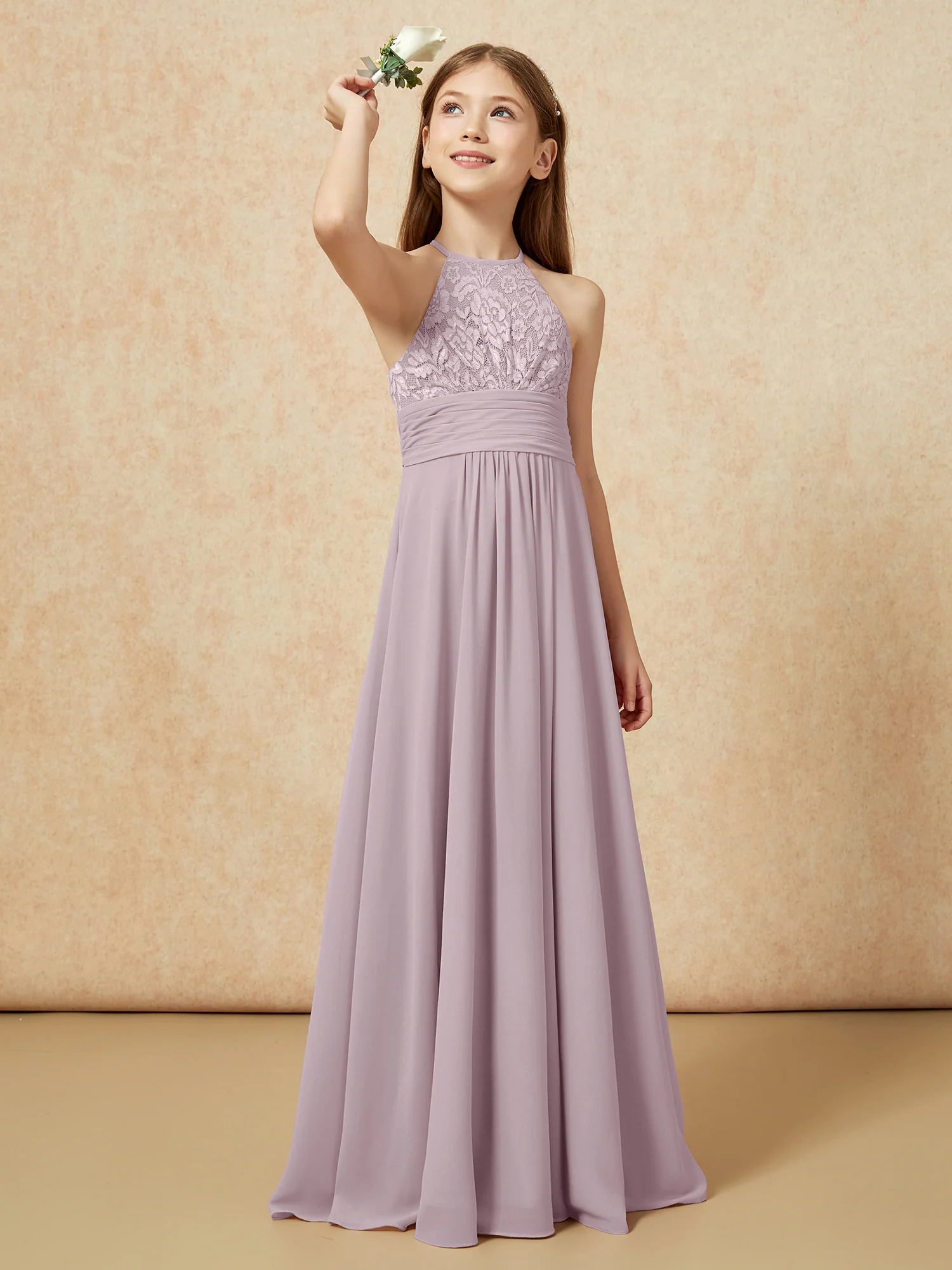 Halter Neck Lace Top Chiffon Junior Bridesmaid Dress Dusk