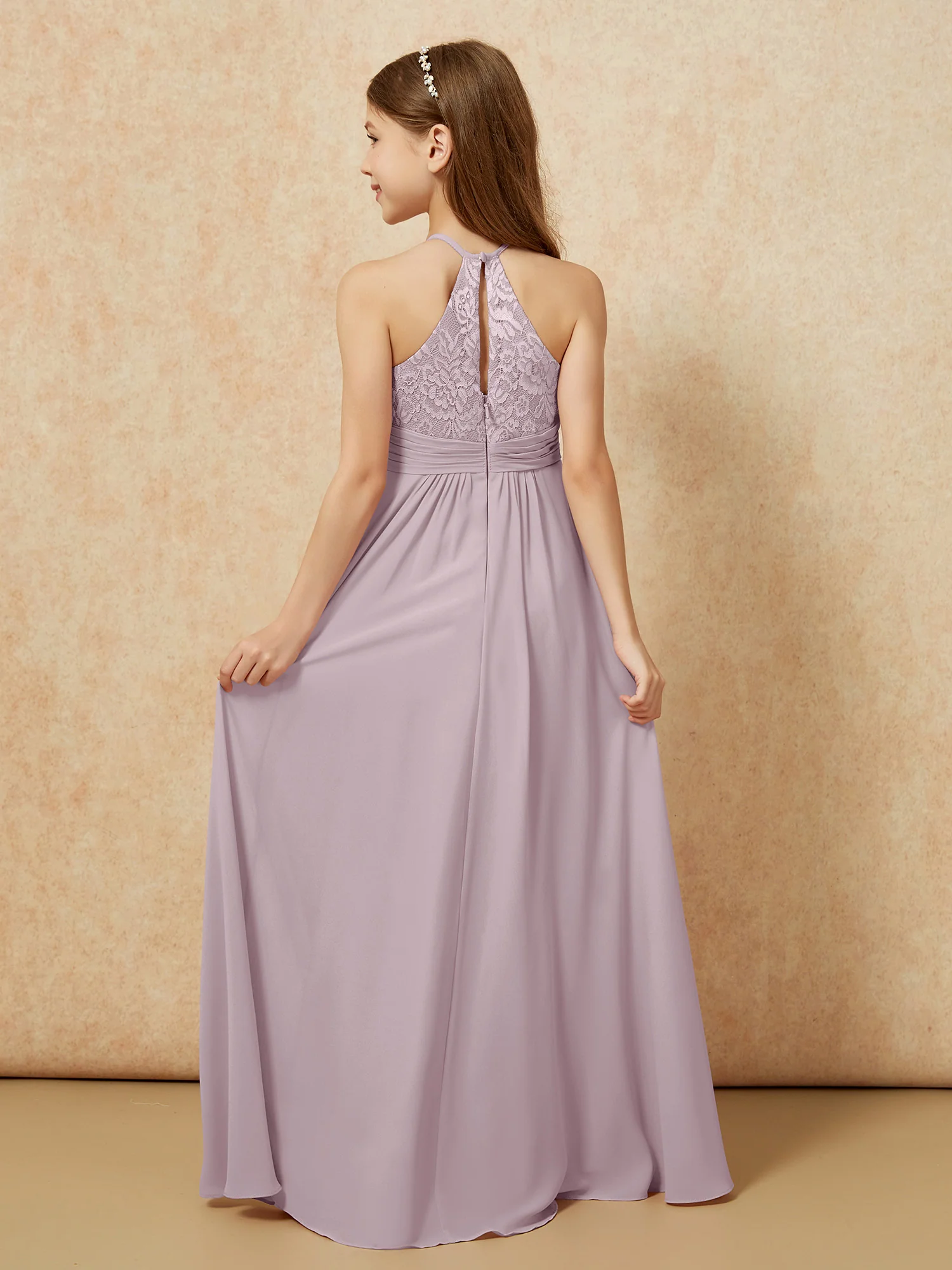 Halter Neck Lace Top Chiffon Junior Bridesmaid Dress Dusk - Image 2