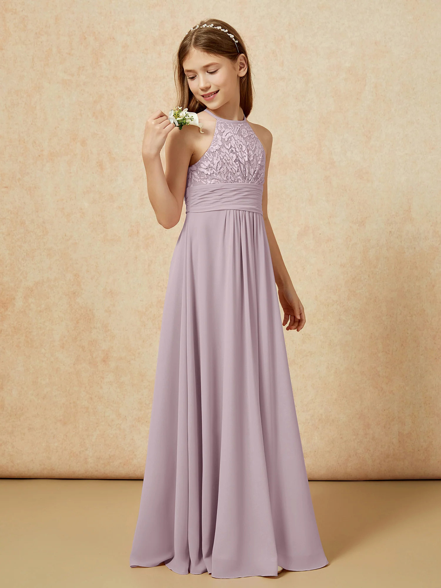 Halter Neck Lace Top Chiffon Junior Bridesmaid Dress Dusk - Image 3