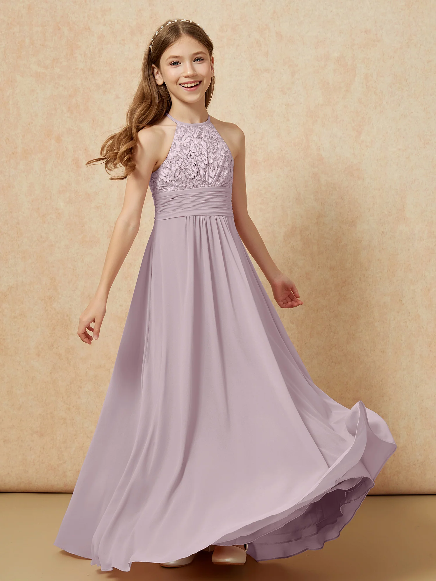 Halter Neck Lace Top Chiffon Junior Bridesmaid Dress Dusk - Image 4